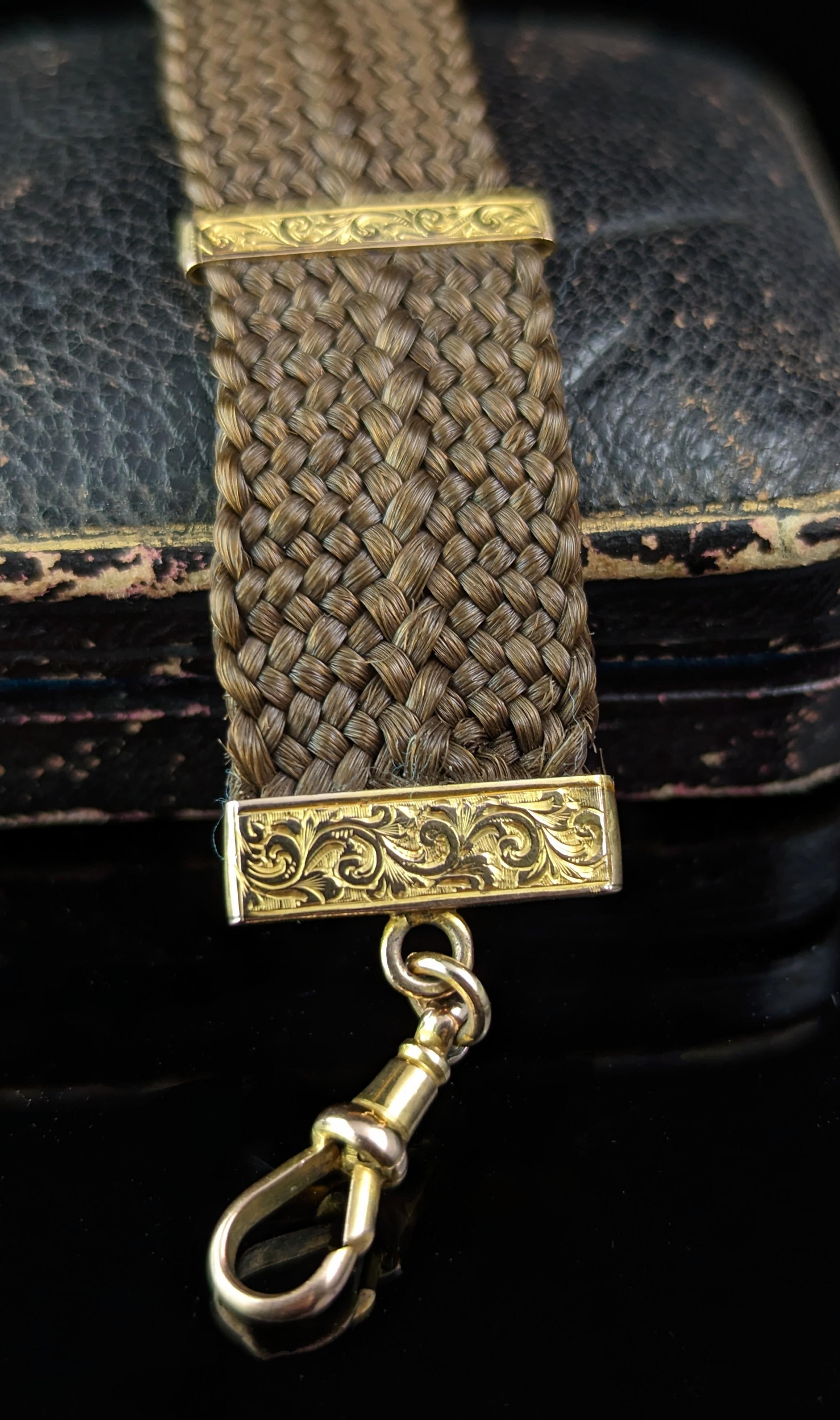 Antike Uhrenbügelkette mit Haararbeit, 9k Gold, viktorianisch  im Angebot 2