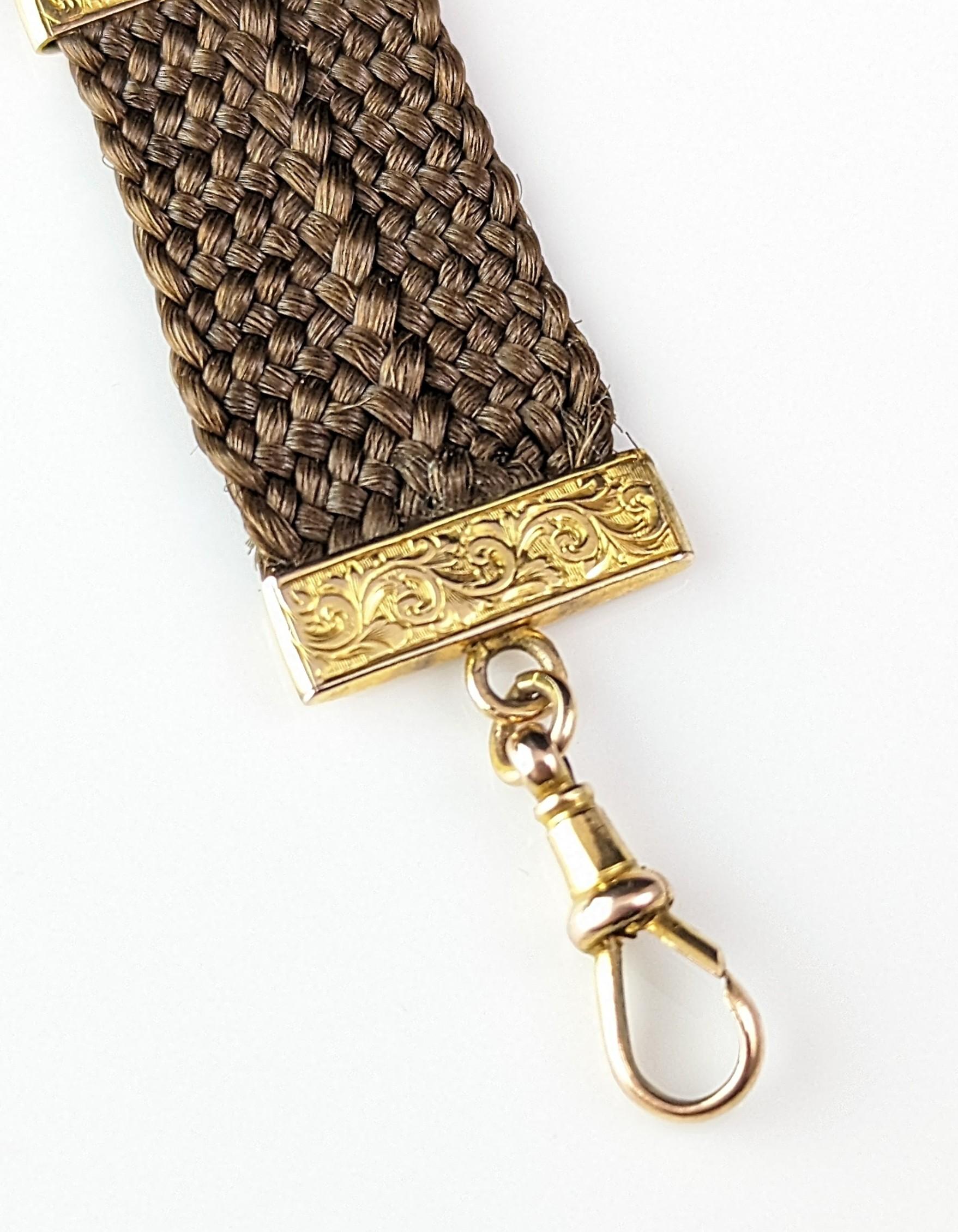 Antike Uhrenbügelkette mit Haararbeit, 9k Gold, viktorianisch  im Angebot 4