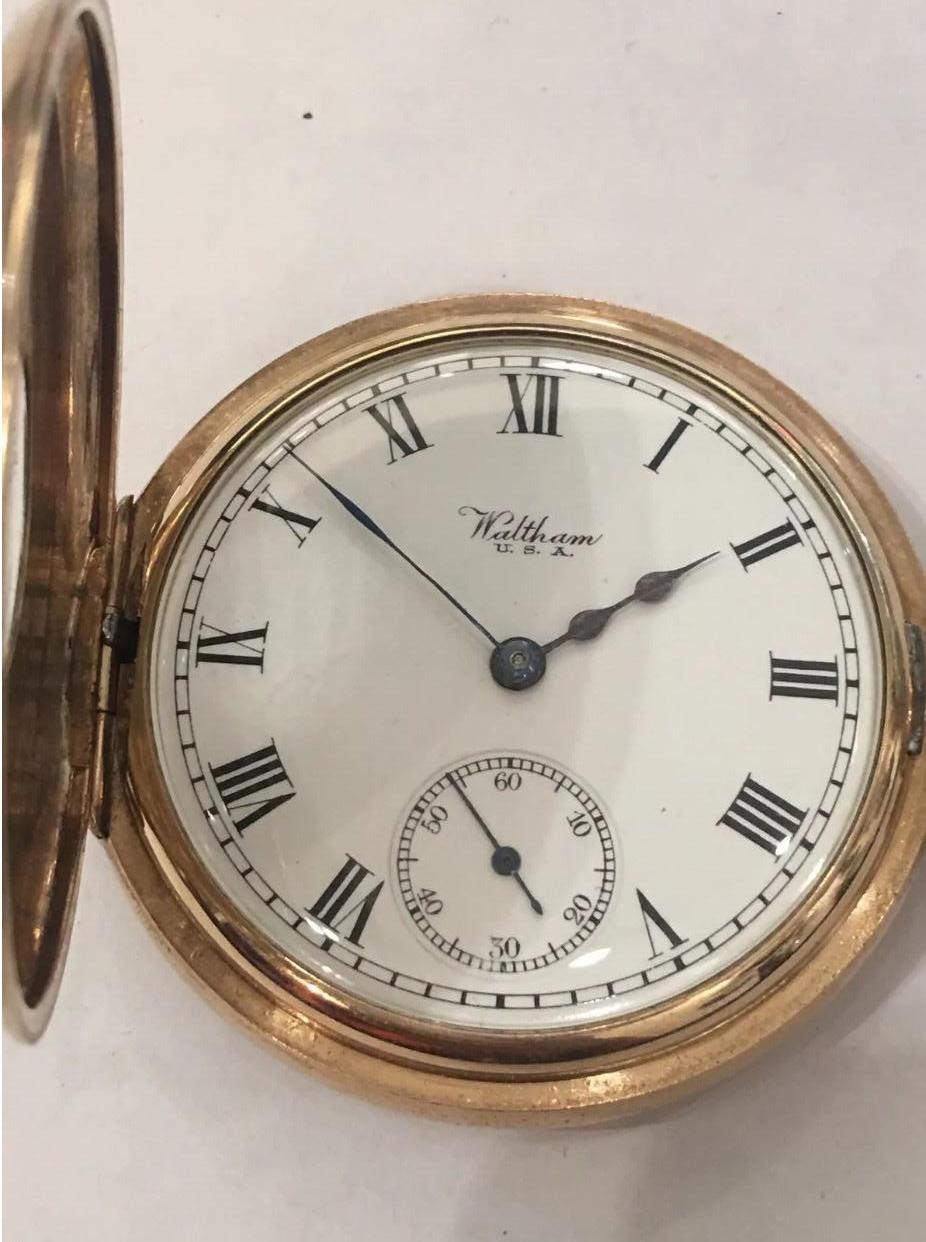 Women's or Men's Antique Half Hunter Dennison Cased Pocket Watch Signed Waltham Traveller U.S.A. For Sale