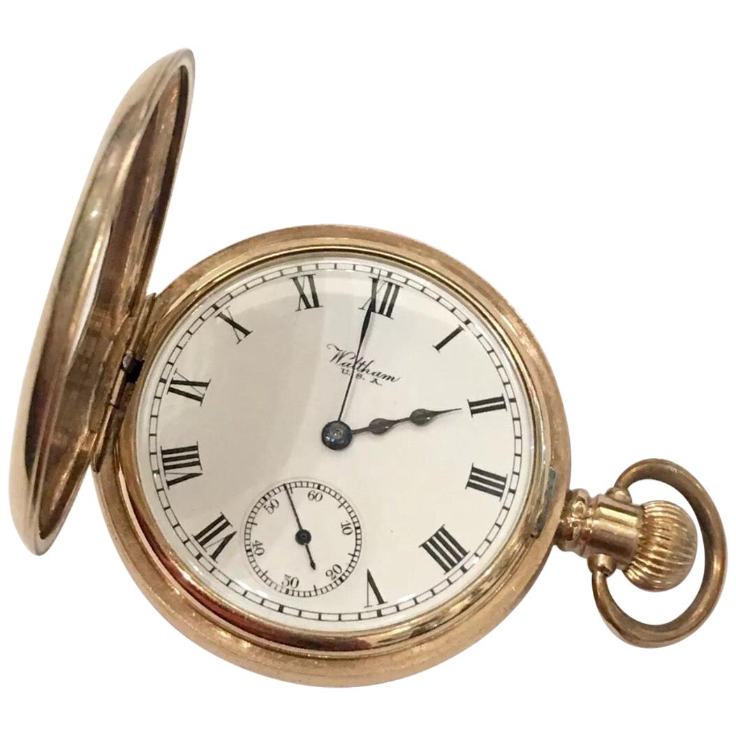 Antique Half Hunter Dennison Cased Pocket Watch Signed Waltham Traveller U.S.A. For Sale