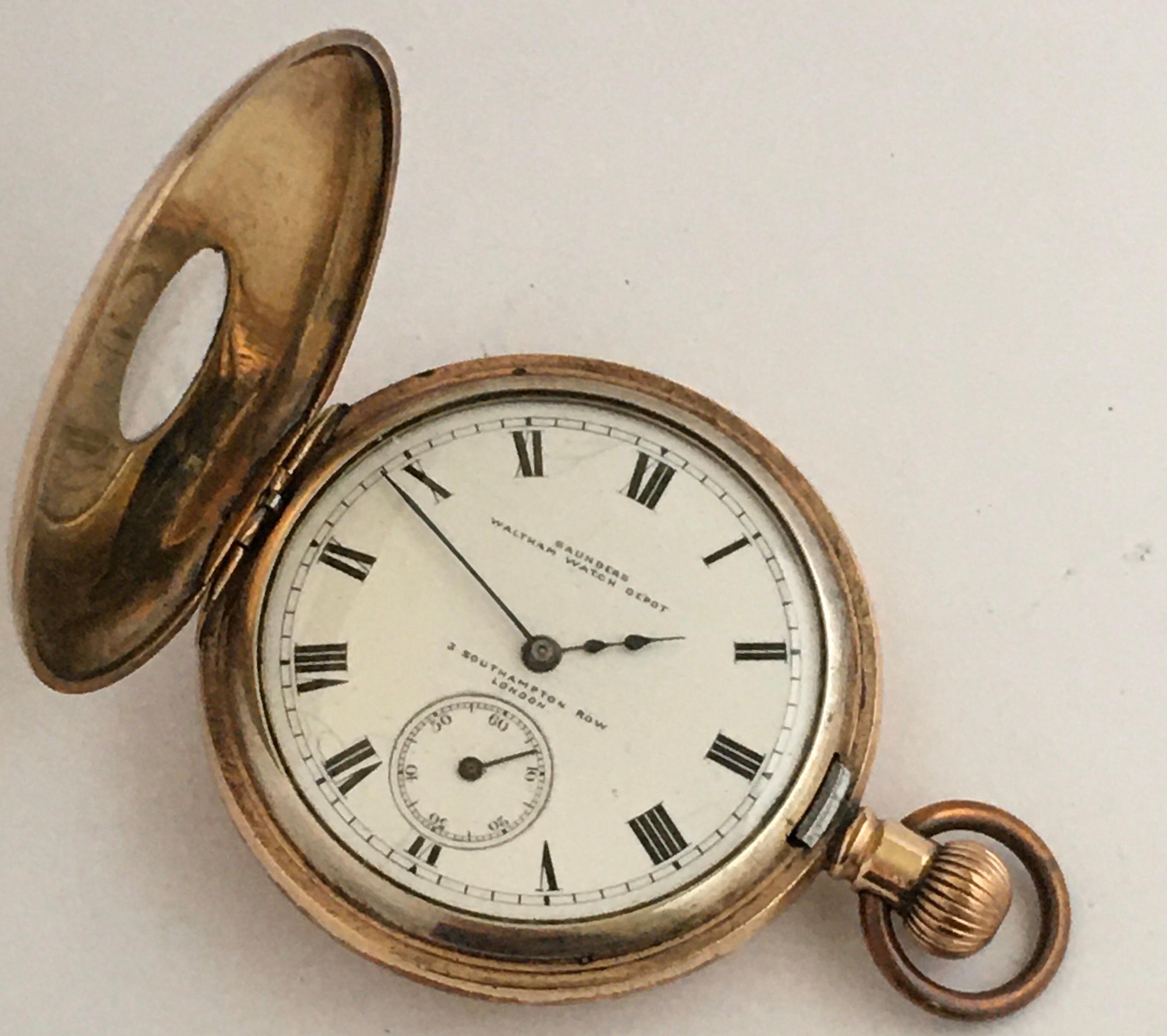 Antique Half Hunter Gold-Plated Waltham Pocket Watch 10