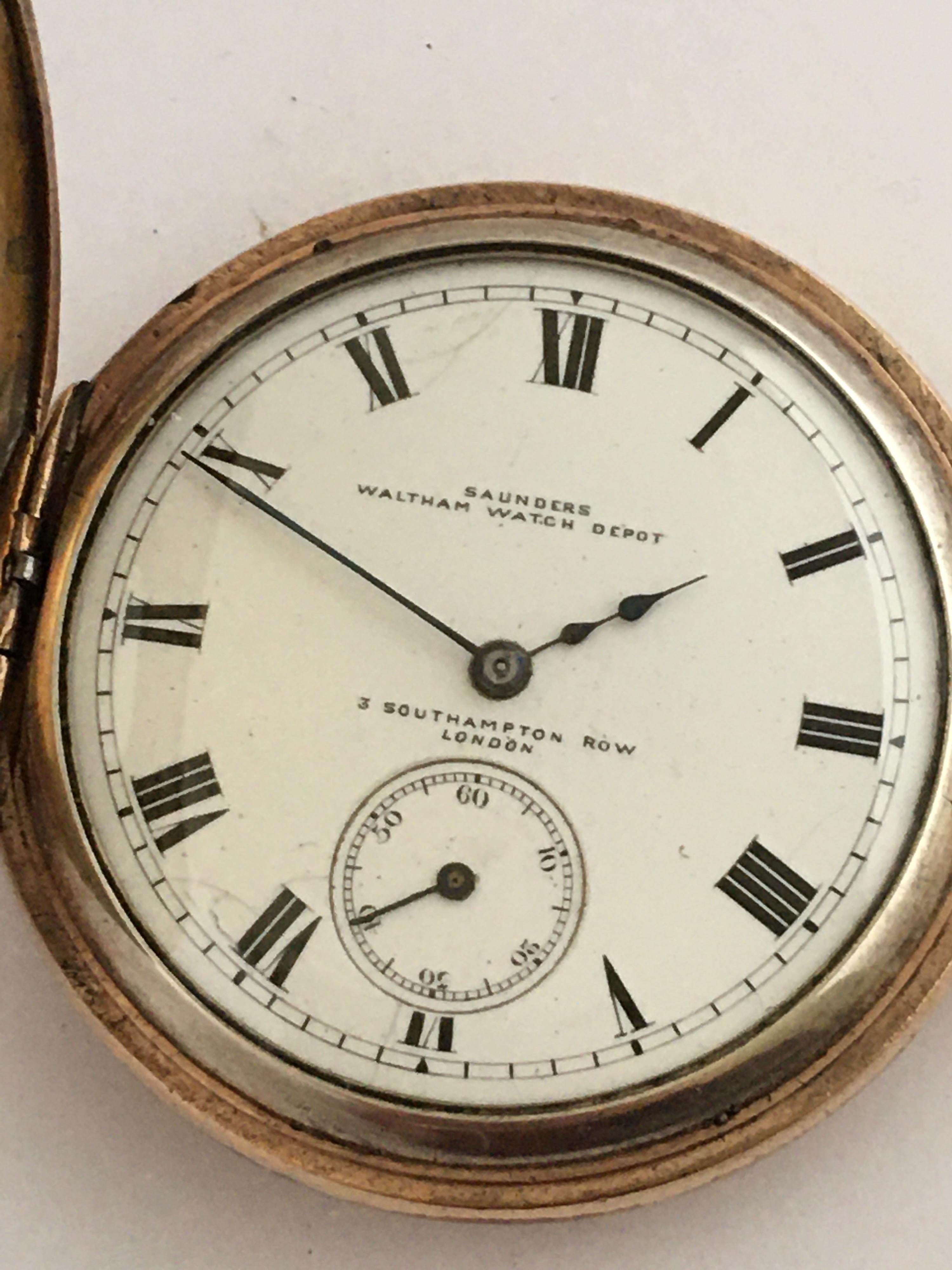 This beautiful keyless gold plated Waltham half hunter Pocket watch is working and ticking nicely. The gold plated watch case is tarnished as shown. Visible crack and chipped on the enamel dial.

Please study the images carefully as form part of the