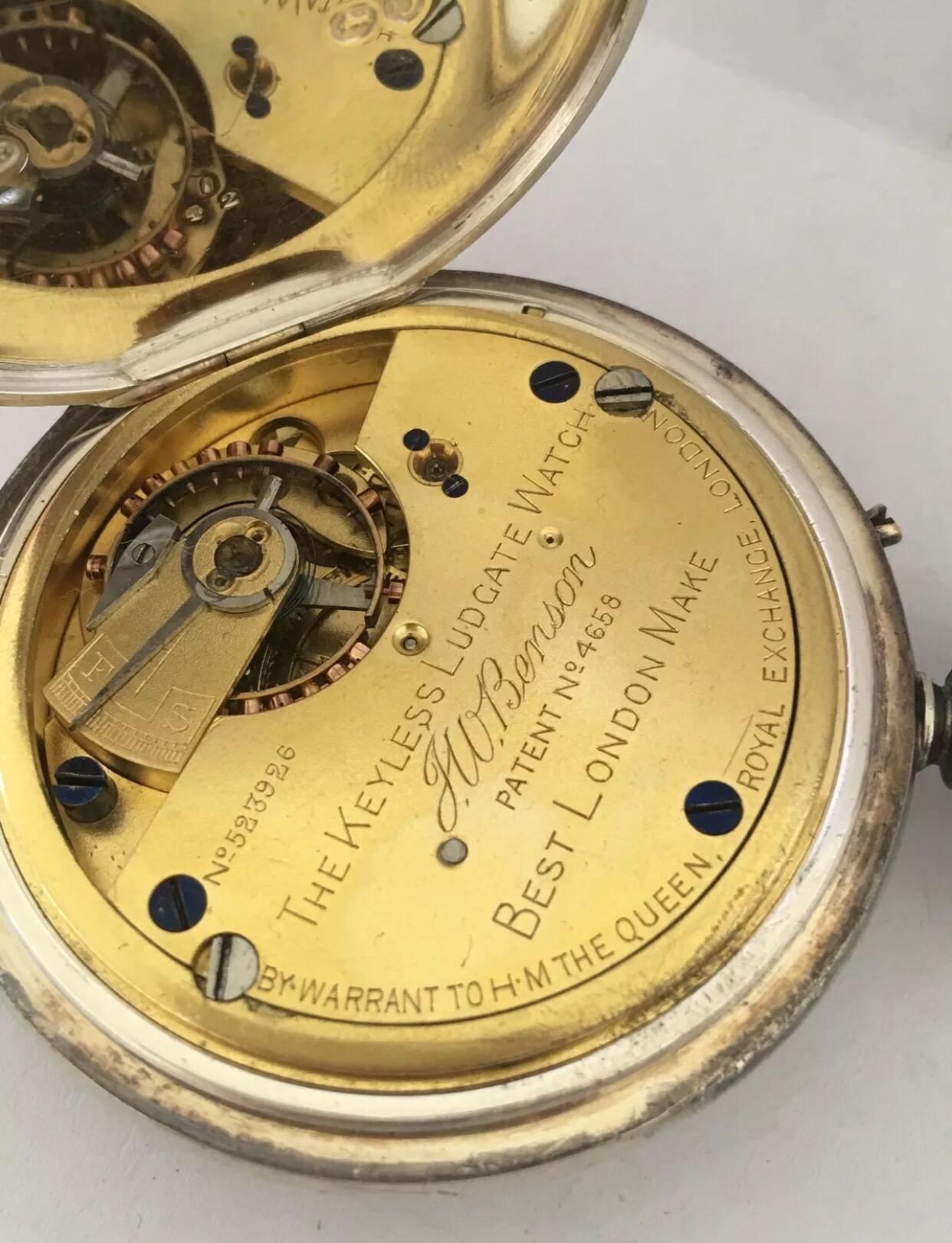 
Antique Half Hunter J. W. Benson, London Silver Pocket Watch.

This heavy and good quality silver pocket watch is working and ticking well. The stem/winder and loop are tarnished as shown on the photos, few tiny scratches on the silver Case.