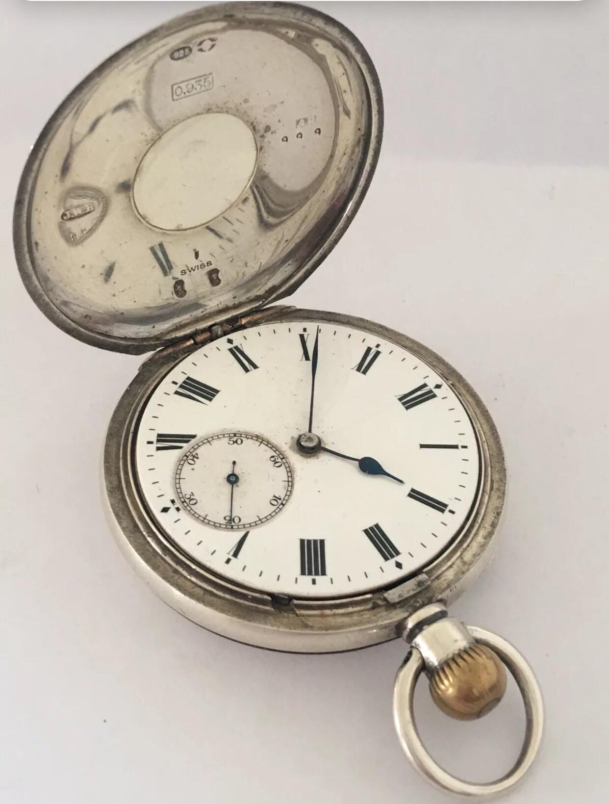 Antique Half Hunter Silver Swiss Made Pocket Watch For Sale 3