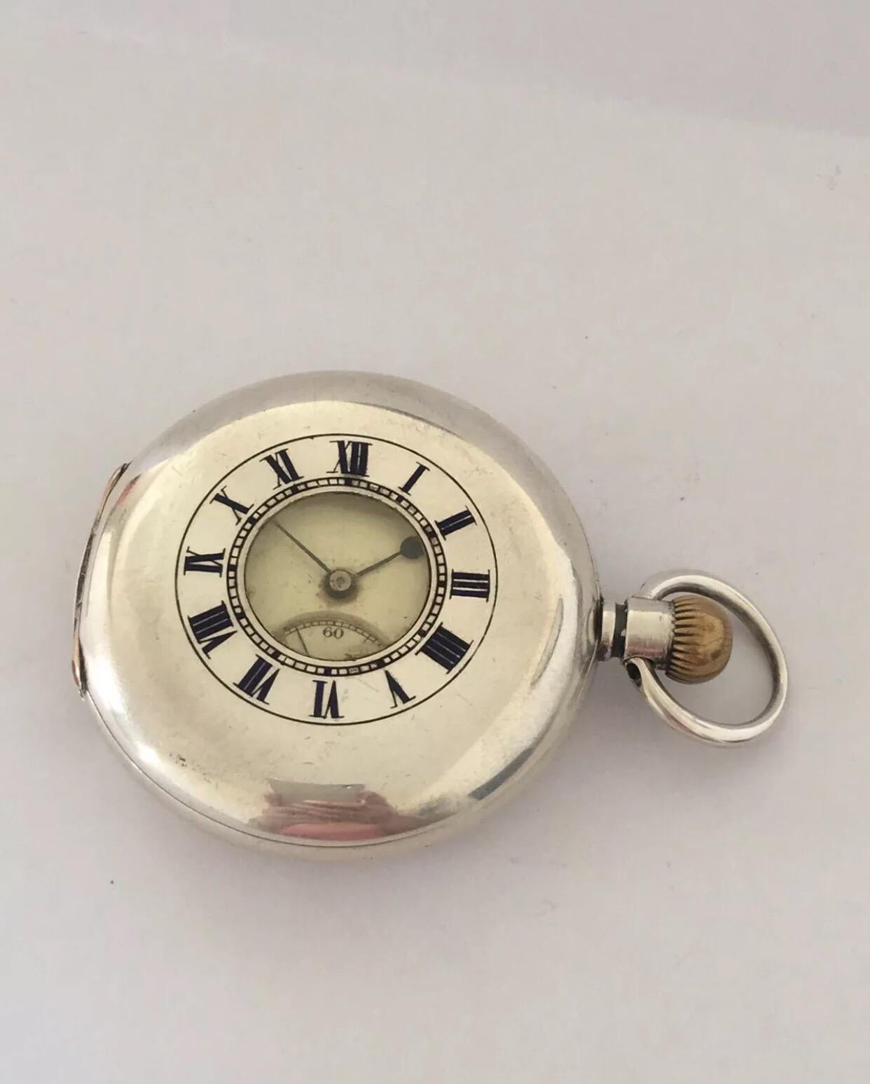 Antique Half Hunter Silver Swiss Made Pocket Watch For Sale 4