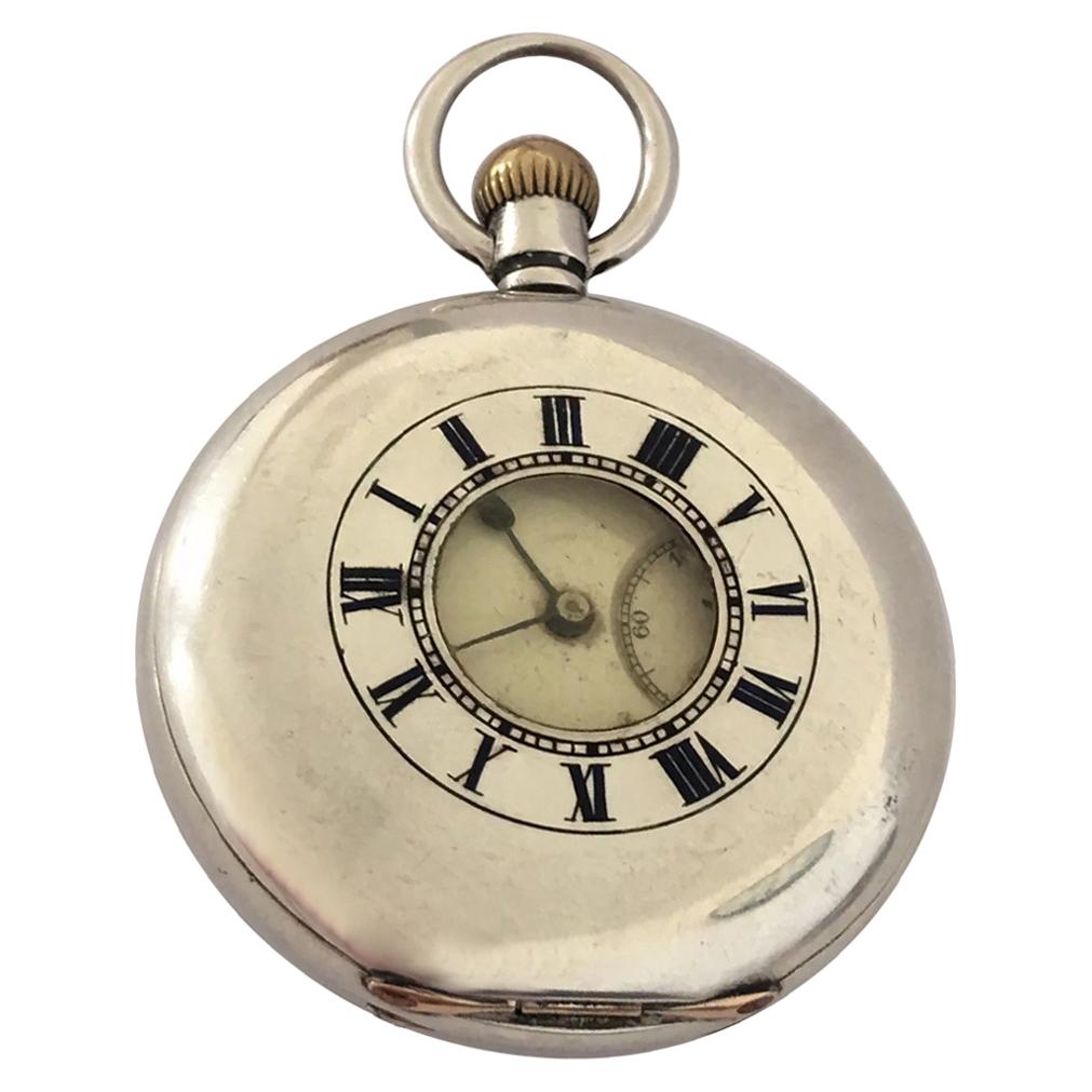 Antique Half Hunter Silver Swiss Made Pocket Watch For Sale