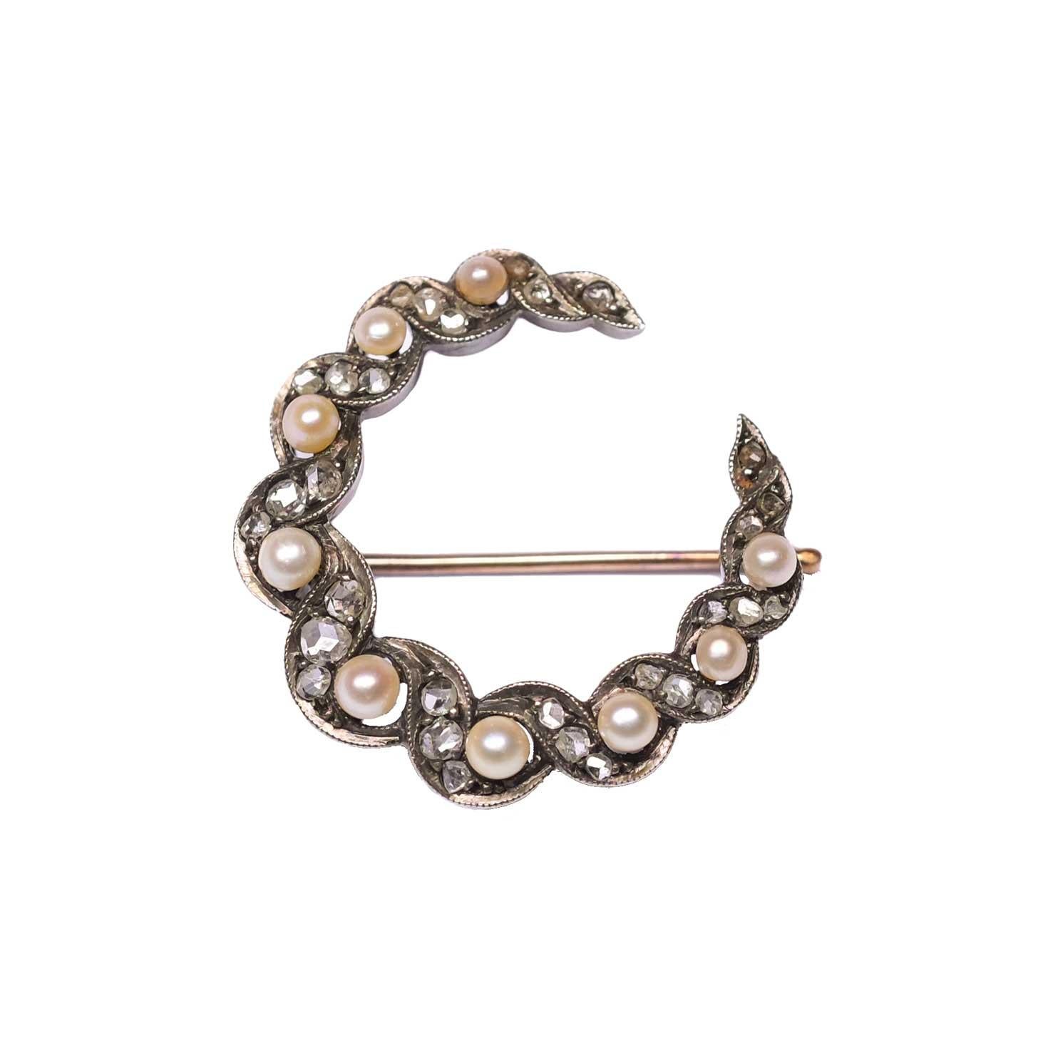 Rose Cut Antique Half Moon Crescent Brooch For Sale