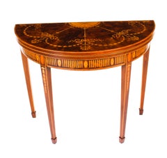 Antique Half Moon Marquetry Card Console Table, 19th Century