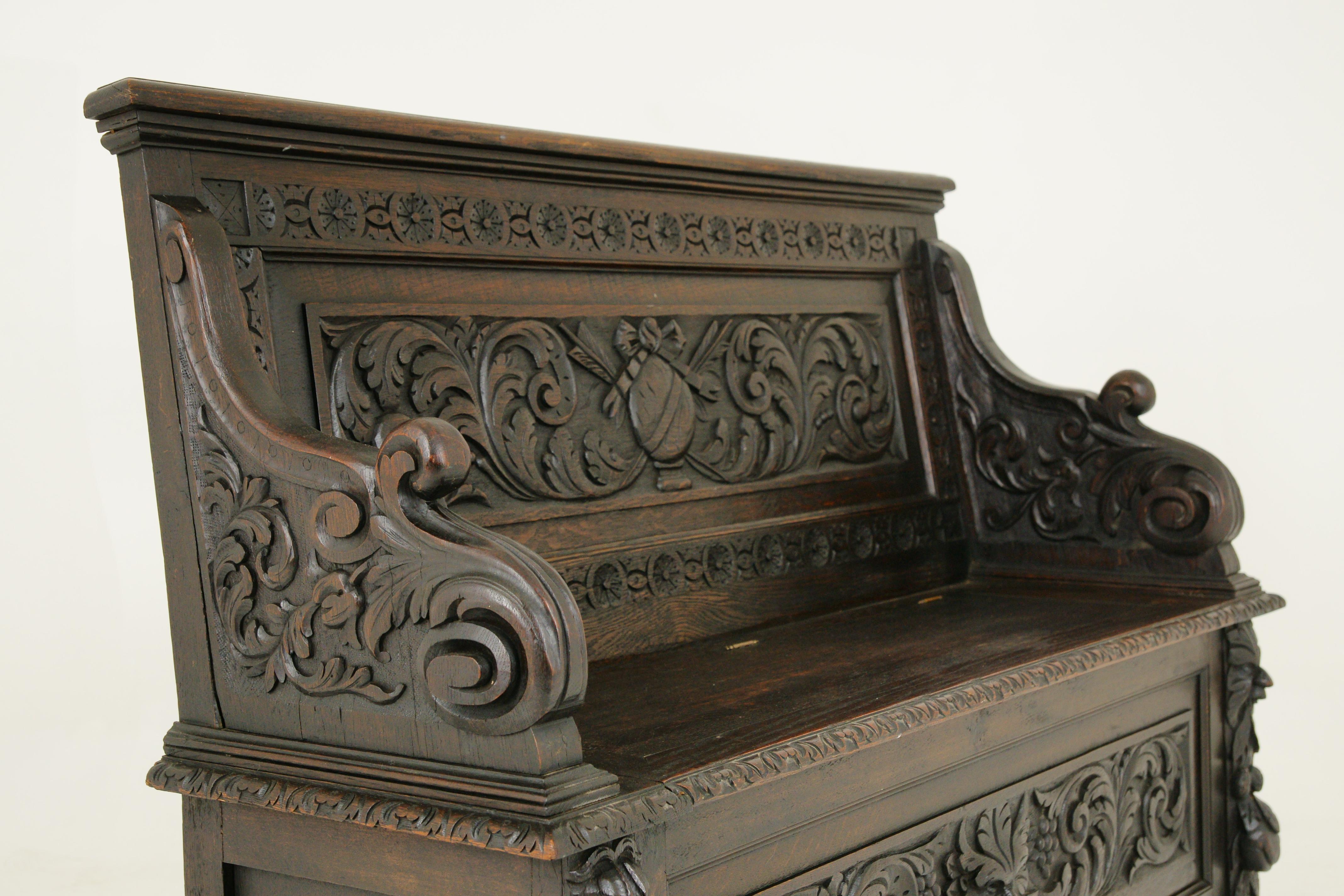 Panca da ingresso antica, panca da ingresso, quercia intagliata Settle, Scozia, 1880 1