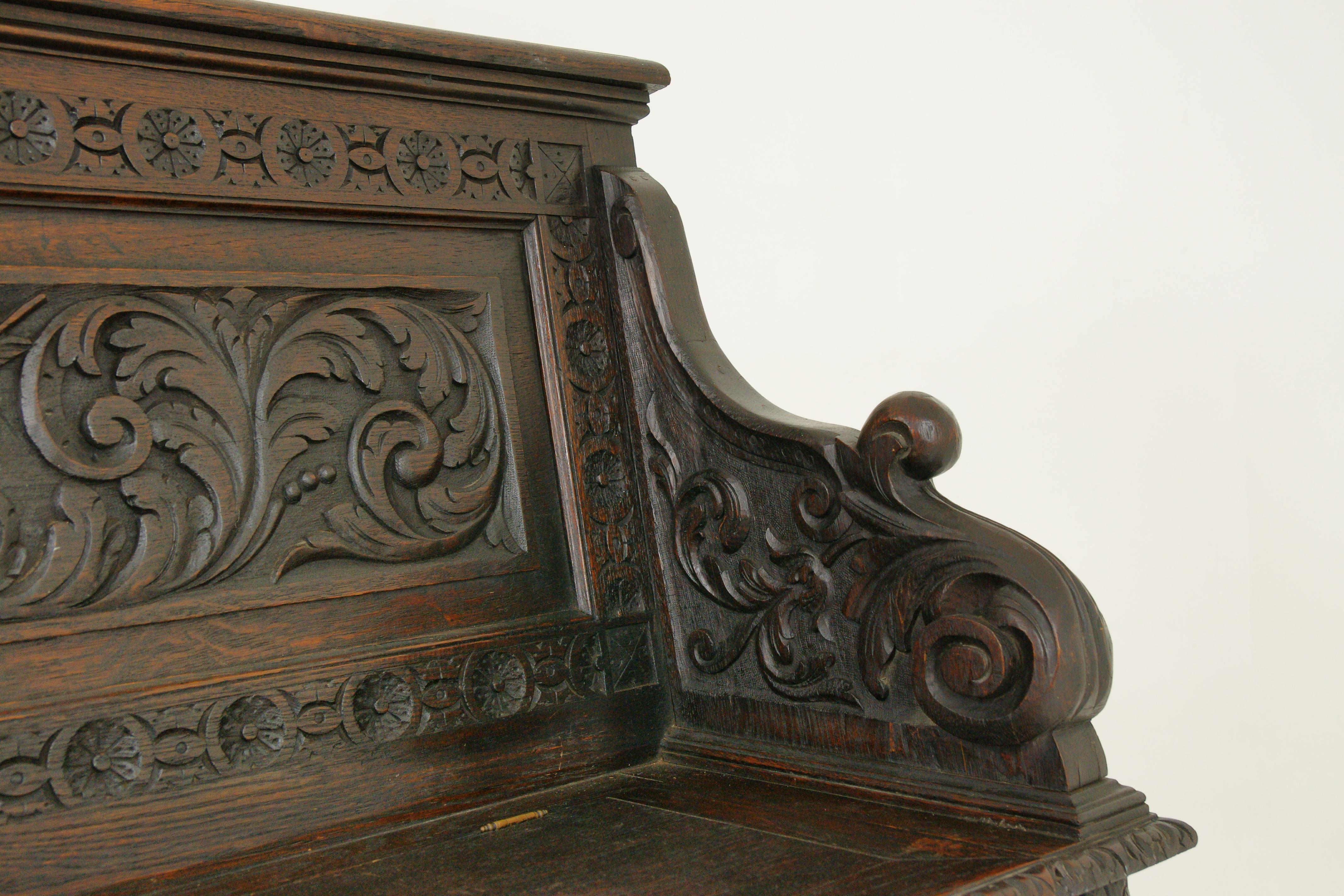 Panca da ingresso antica, panca da ingresso, quercia intagliata Settle, Scozia, 1880 2