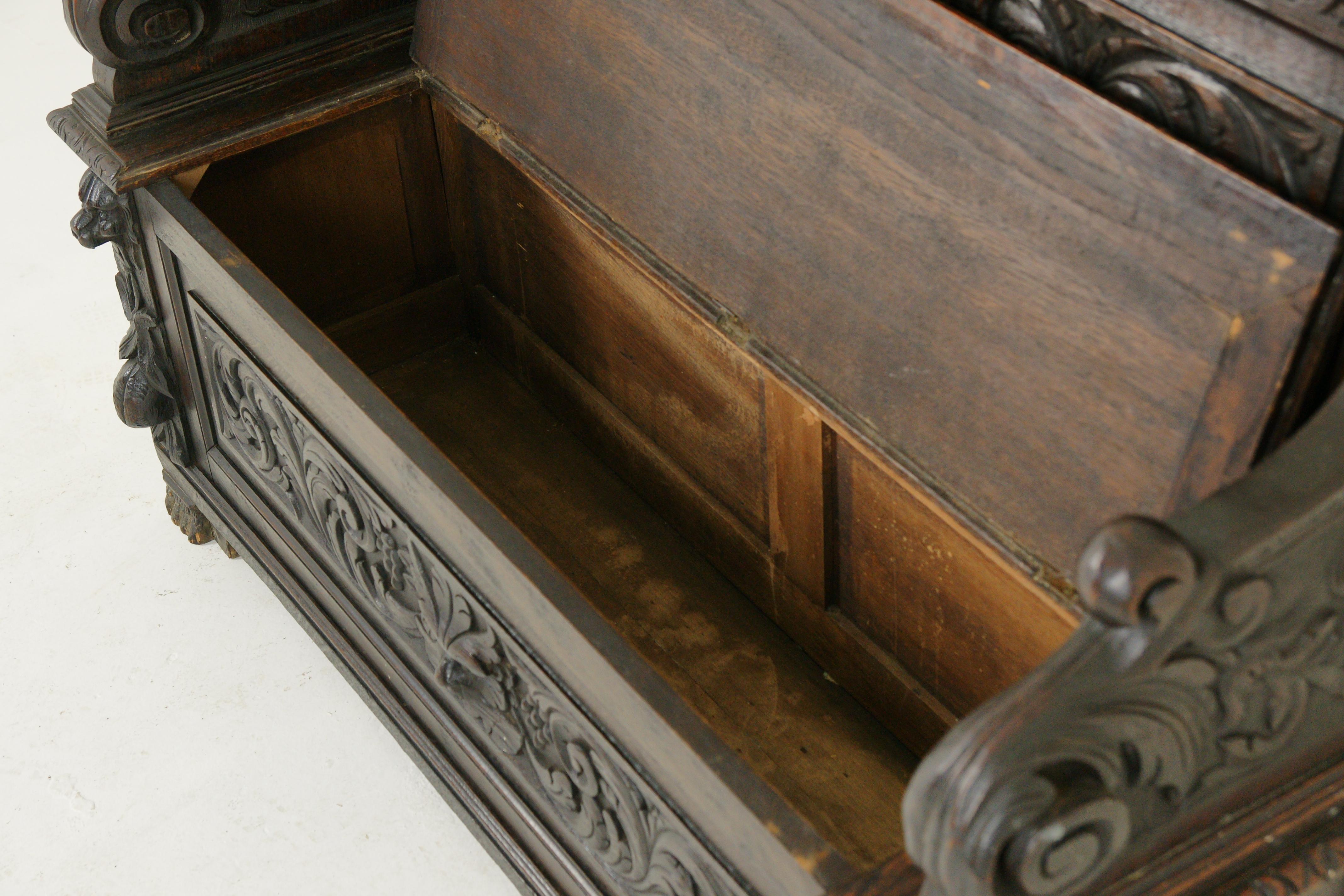 Panca da ingresso antica, panca da ingresso, quercia intagliata Settle, Scozia, 1880 In condizioni buone a Vancouver, BC