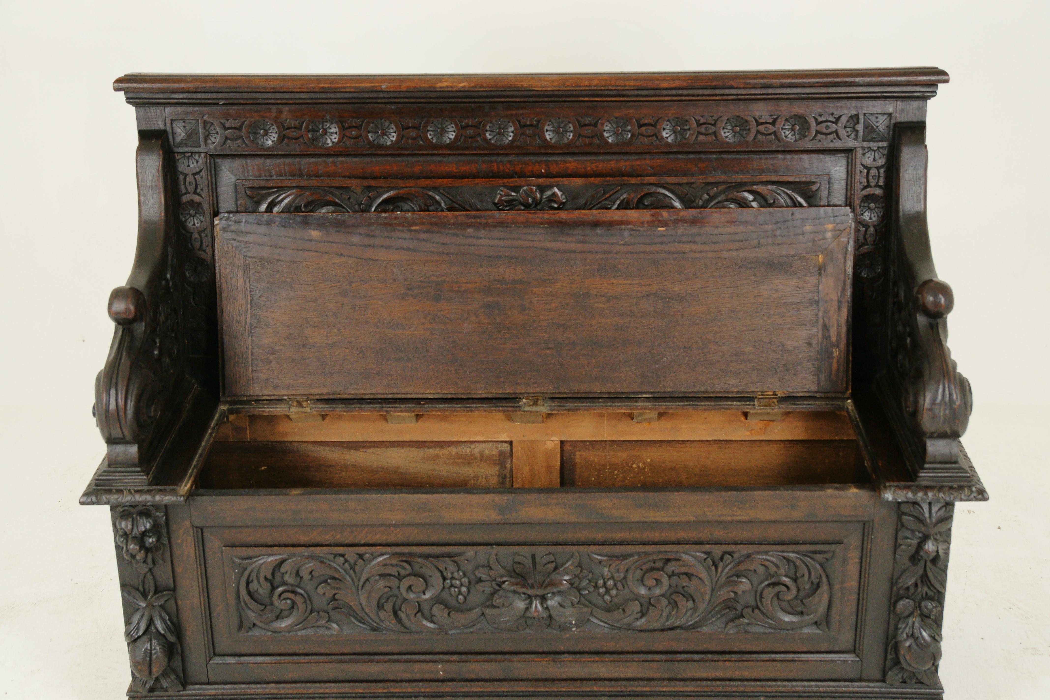 Fine XIX secolo Panca da ingresso antica, panca da ingresso, quercia intagliata Settle, Scozia, 1880