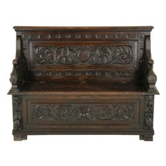 Antique Hall Bench, Entryway Bench, Carved Oak Settle, Scotland, 1880