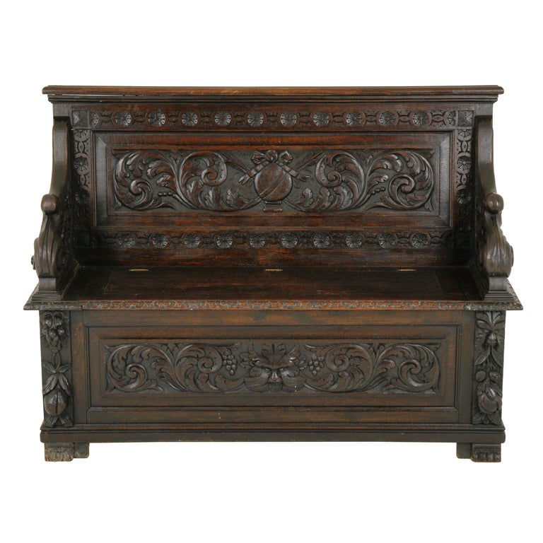 Antique Hall Bench, Entryway Bench, Carved Oak Settle, Scotland, 1880