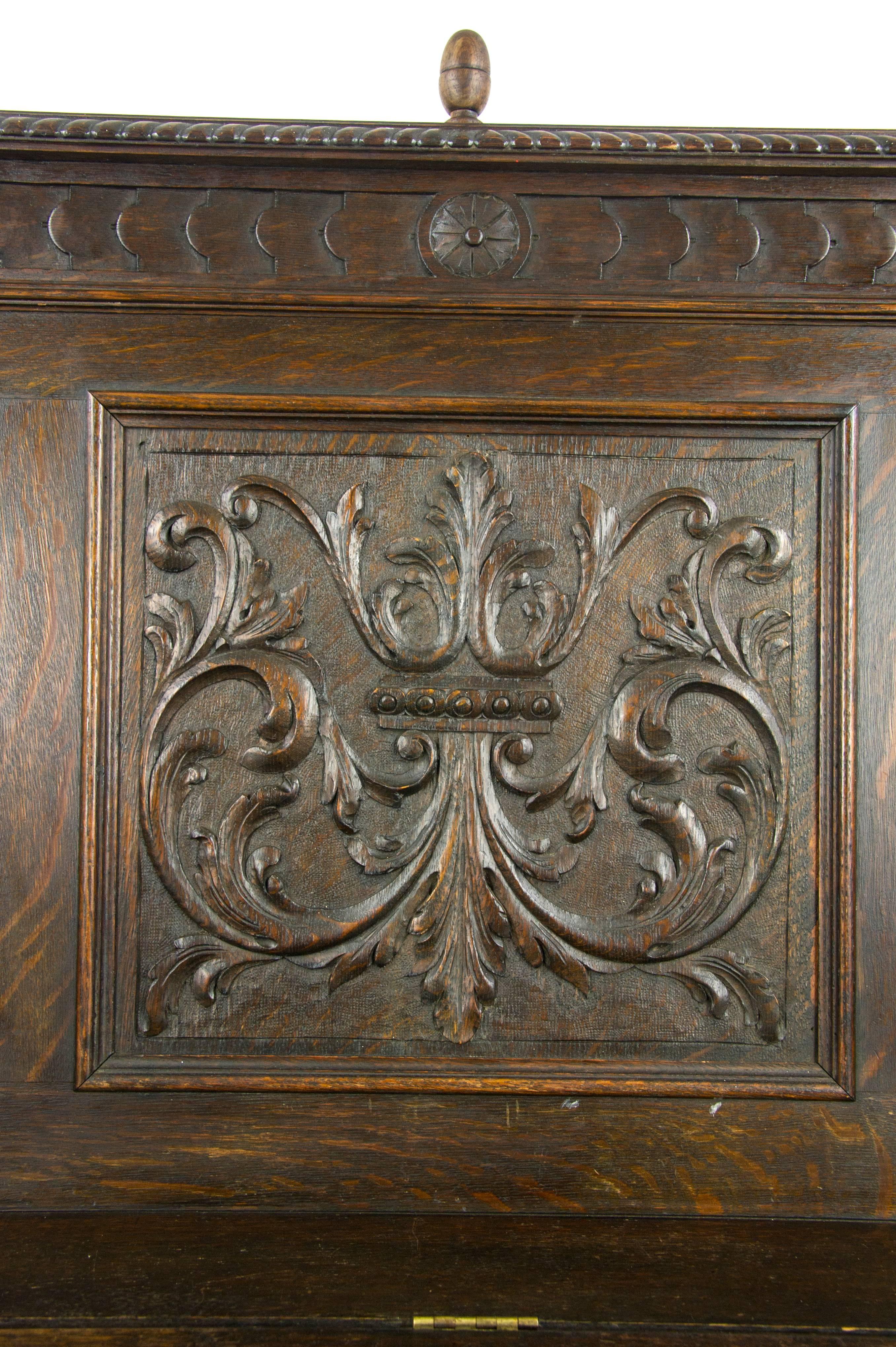 Antique Hall Bench, Entryway Furniture, Carved Oak Settle, Scotland 1880, B1003 1
