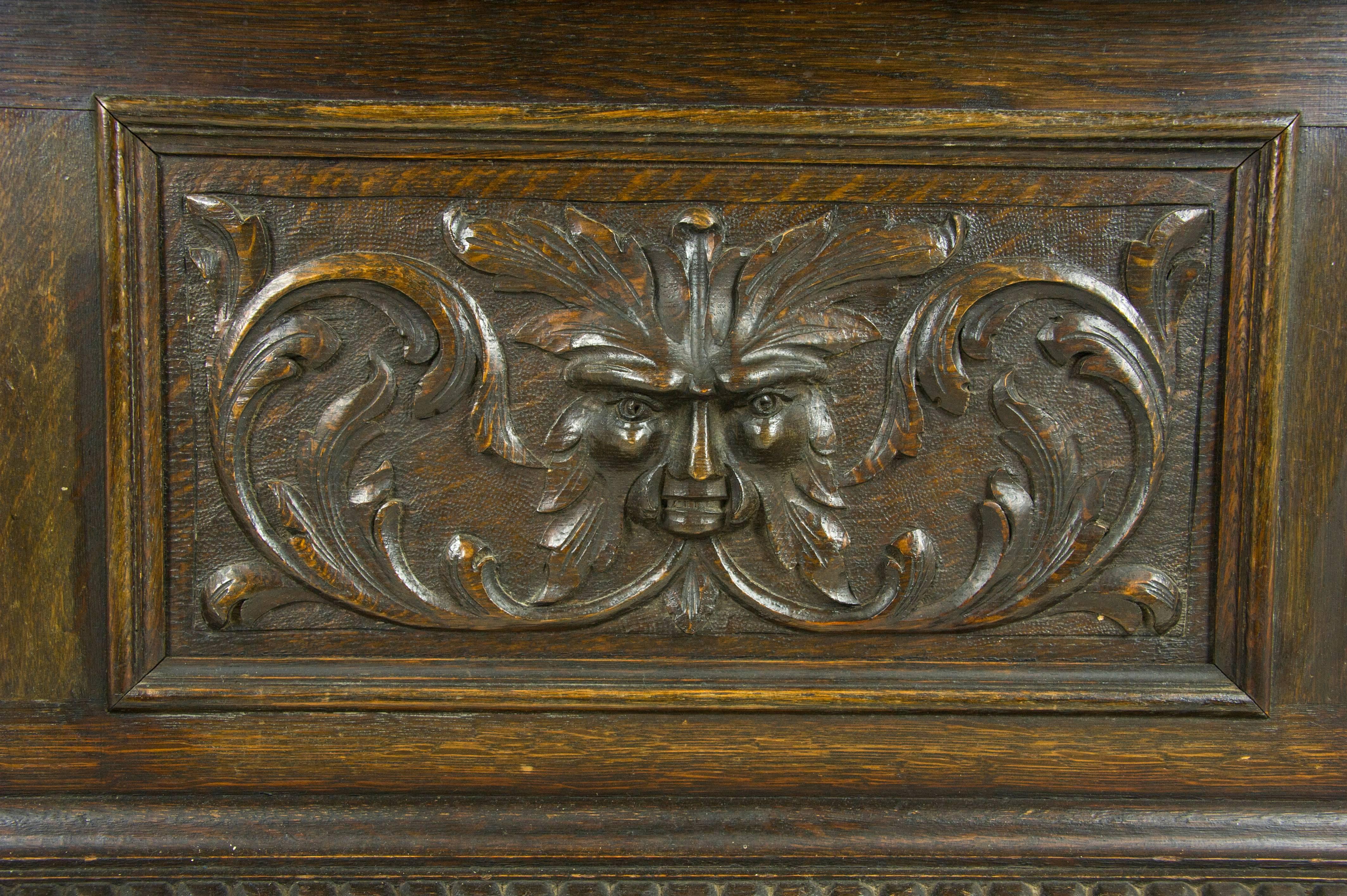 Antique Hall Bench, Entryway Furniture, Carved Oak Settle, Scotland 1880, B1003 2