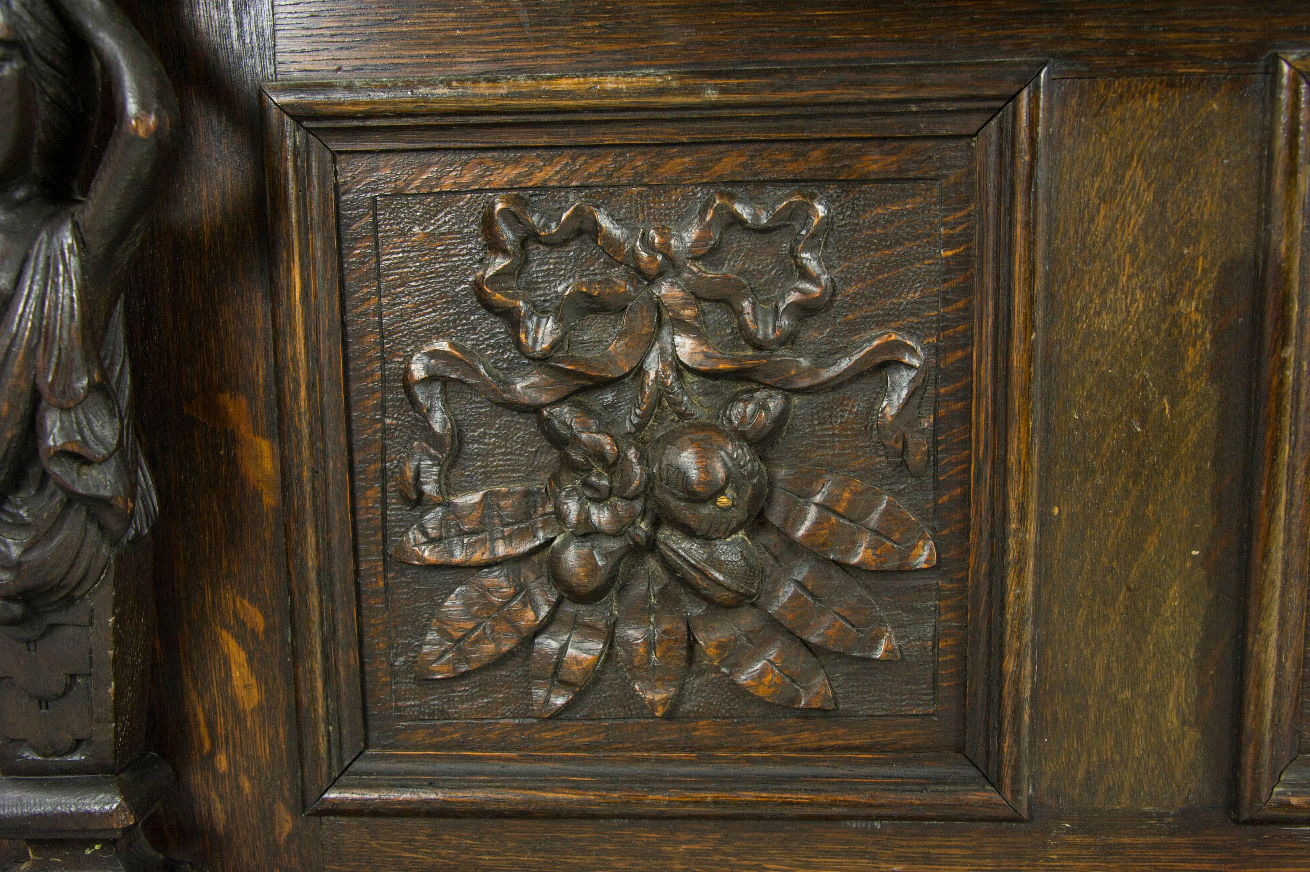 Antique Hall Bench, Entryway Furniture, Carved Oak Settle, Scotland 1880, B1003 3