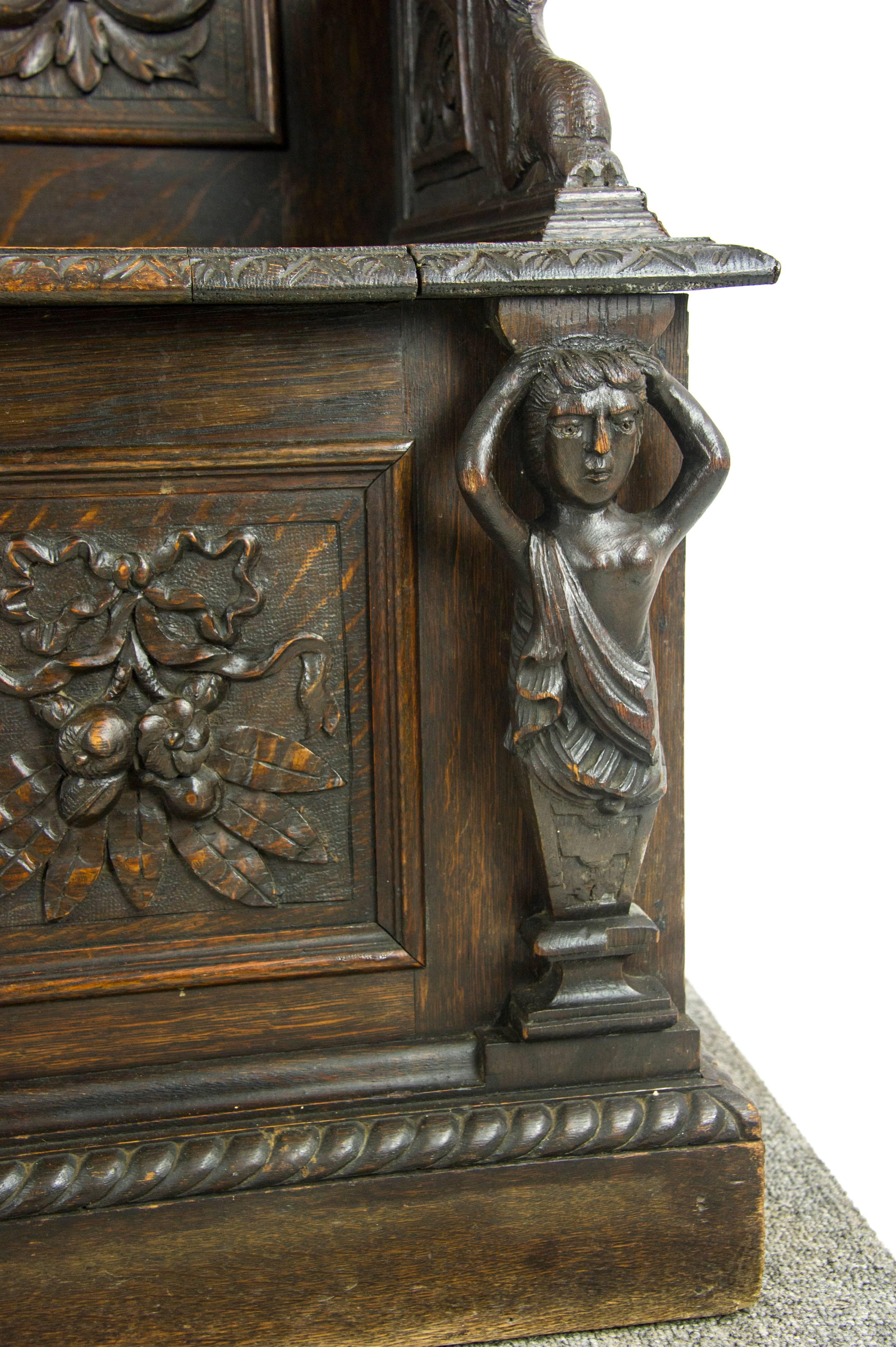 Antique Hall Bench, Entryway Furniture, Carved Oak Settle, Scotland 1880, B1003 4