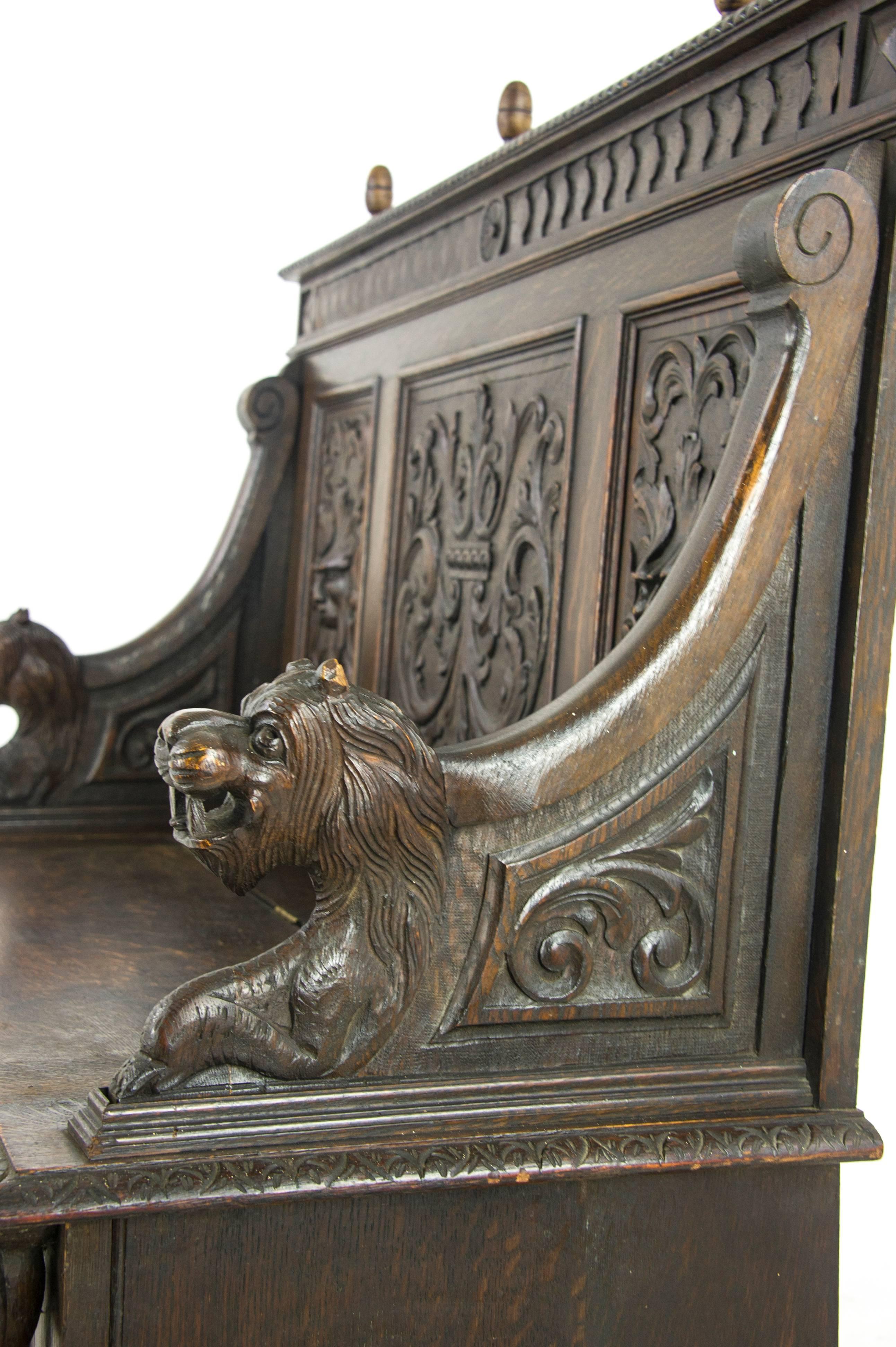 Antique Hall Bench, Entryway Furniture, Carved Oak Settle, Scotland 1880, B1003 8