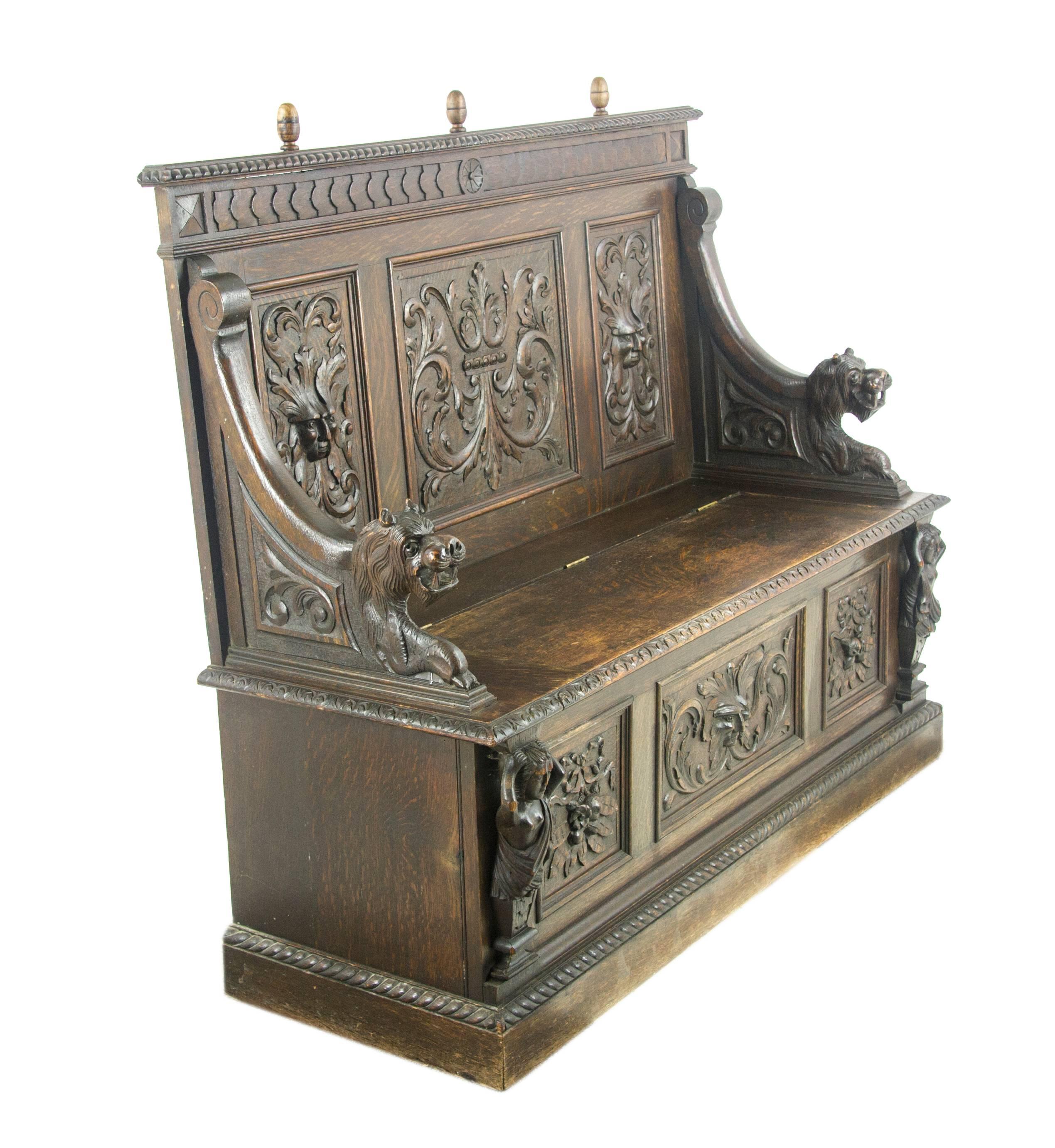 Scottish Antique Hall Bench, Entryway Furniture, Carved Oak Settle, Scotland 1880, B1003