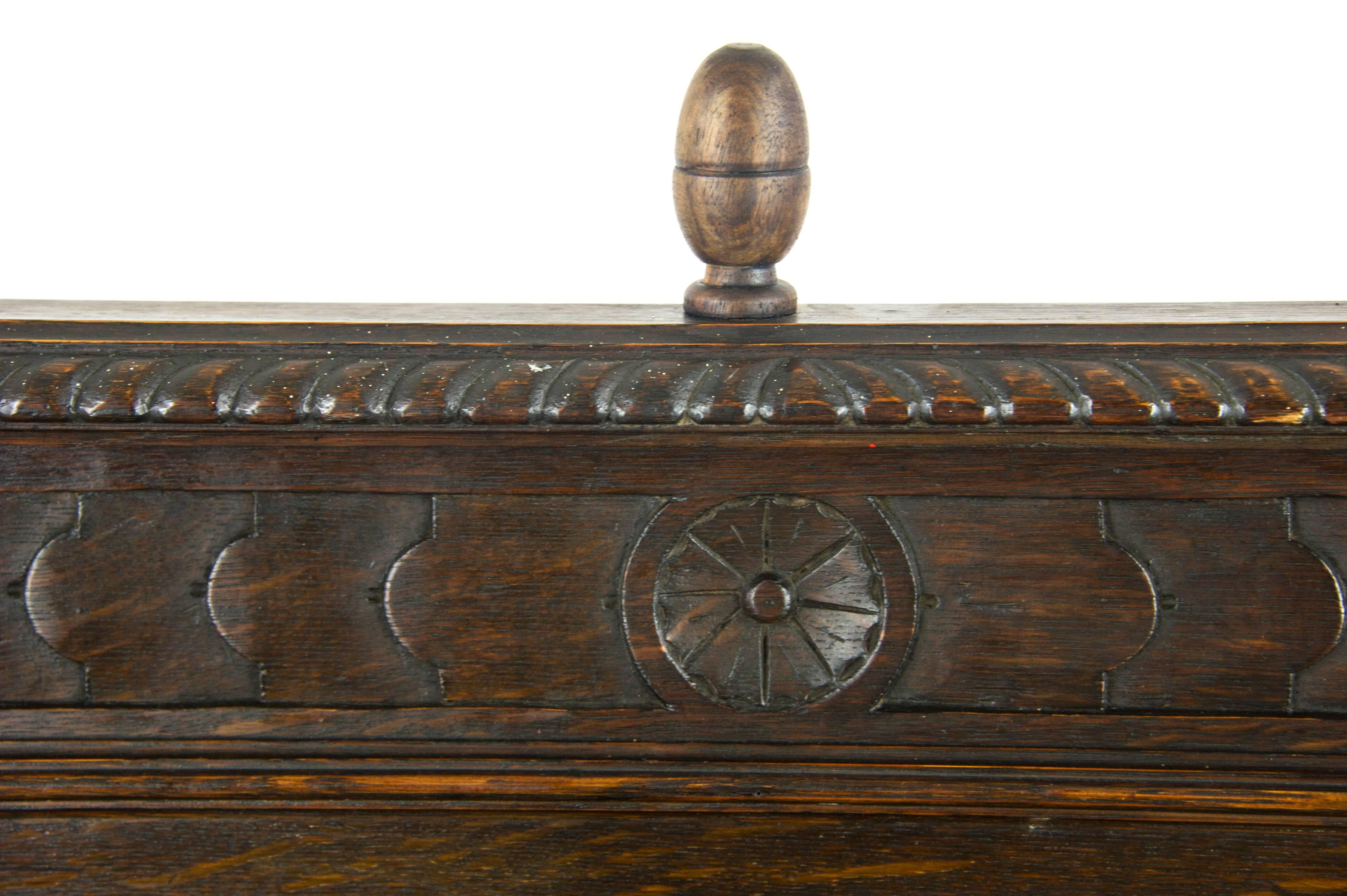 Hand-Carved Antique Hall Bench, Entryway Furniture, Carved Oak Settle, Scotland 1880, B1003