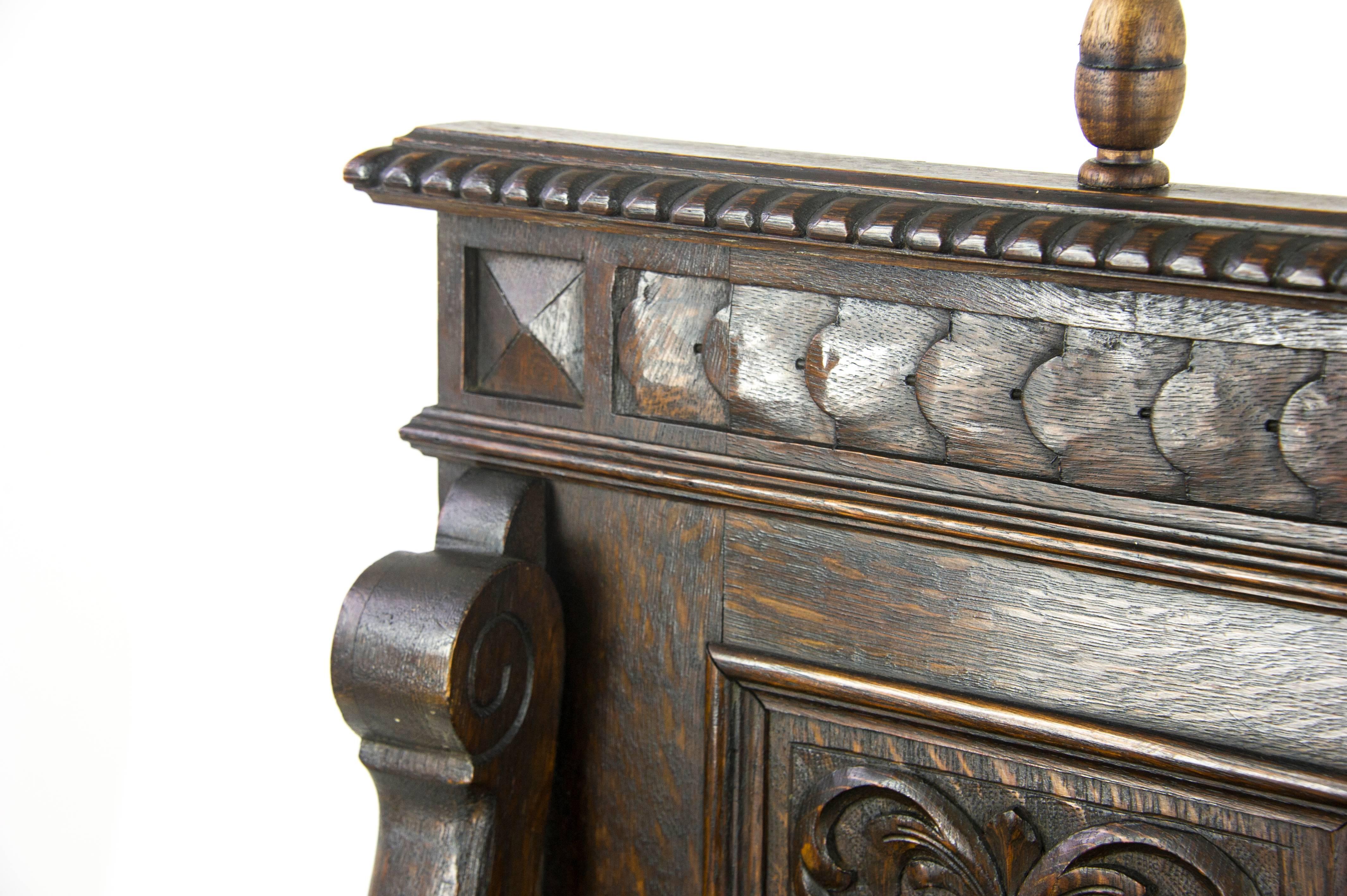 Antique Hall Bench, Entryway Furniture, Carved Oak Settle, Scotland 1880, B1003 In Good Condition In Vancouver, BC