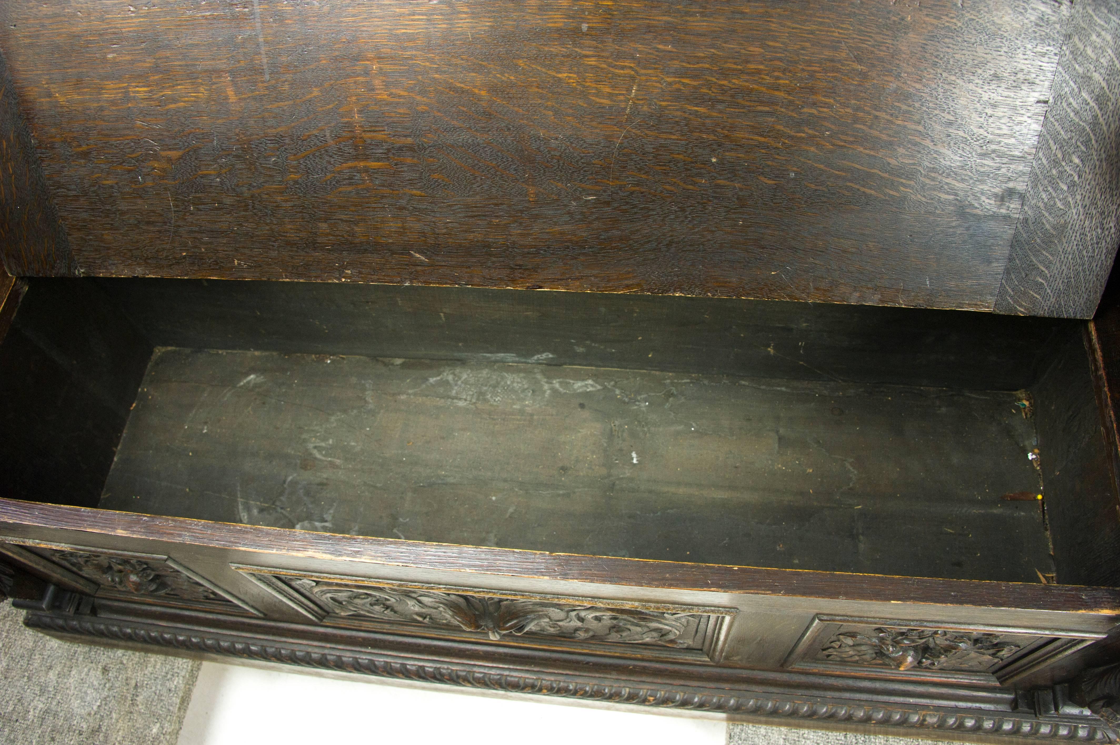 Late 19th Century Antique Hall Bench, Entryway Furniture, Carved Oak Settle, Scotland 1880, B1003