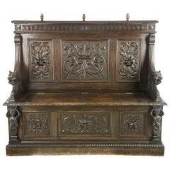 Antique Hall Bench, Entryway Furniture, Carved Oak Settle, Scotland 1880, B1003