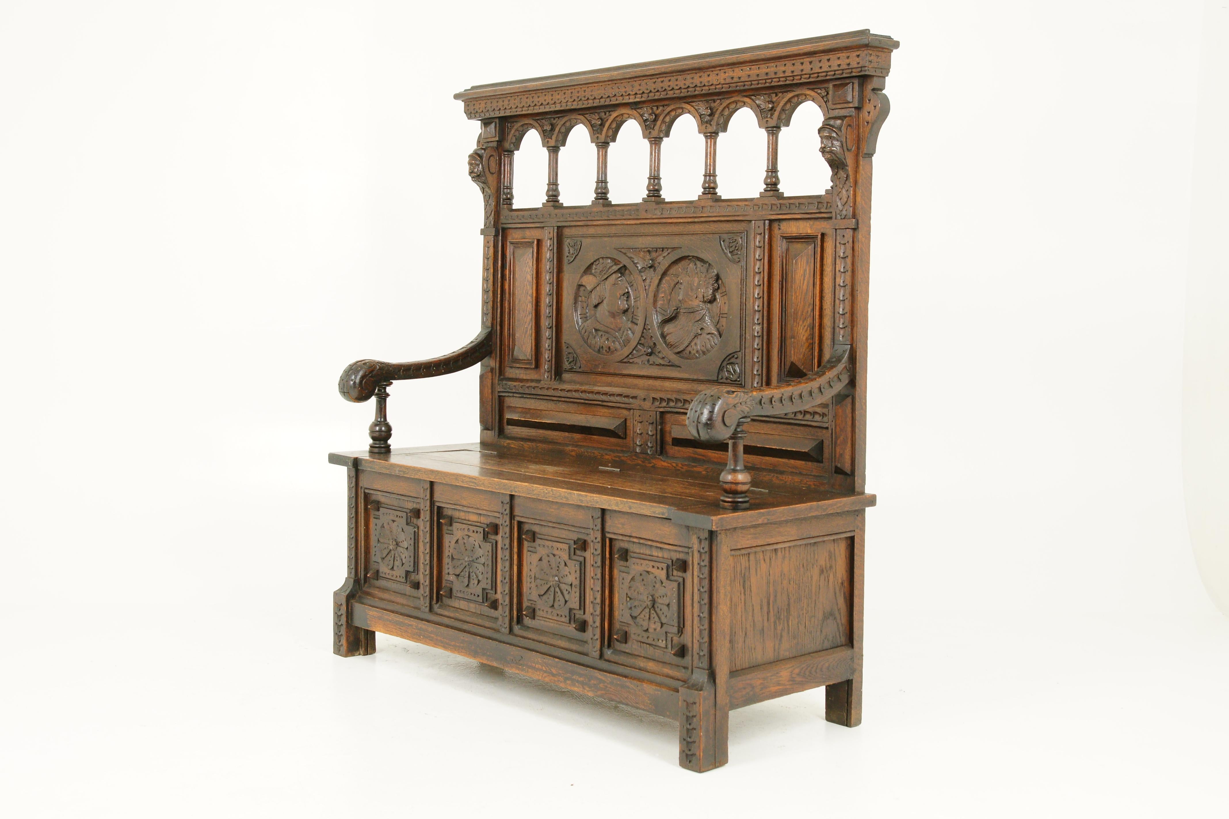 Antique hall bench, monks bench, settle, hall seat, Entryway Furniture, Scotland 1870, B1742

Scotland, 1870
solid oak construction with original finish
carved shaped back
the center having carved figures
flanked by raised panels
carved out swept