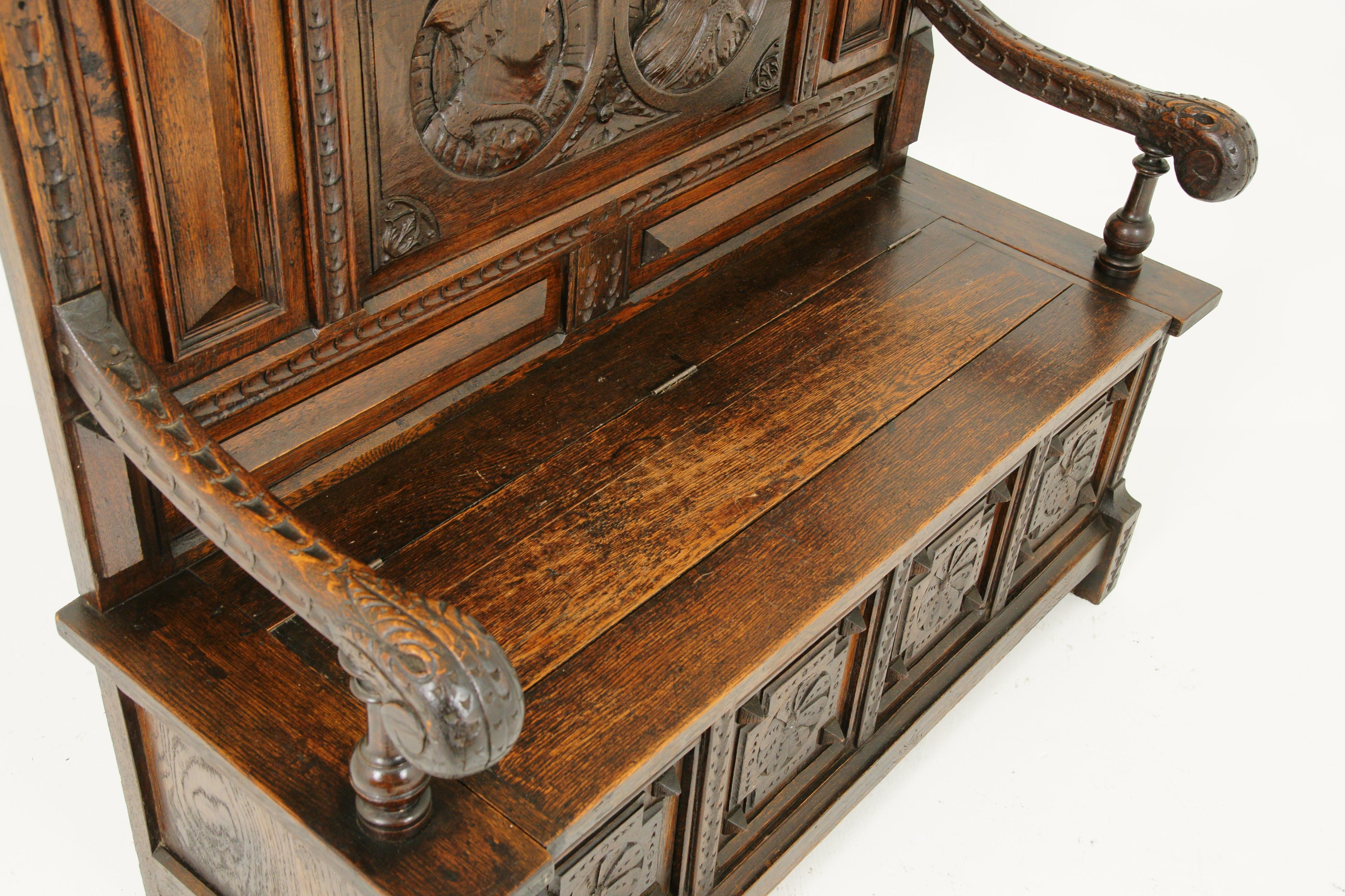 Hand-Carved Antique Hall Bench, Monks Bench, Settle, Hall Bench, Scotland 1870, B1742