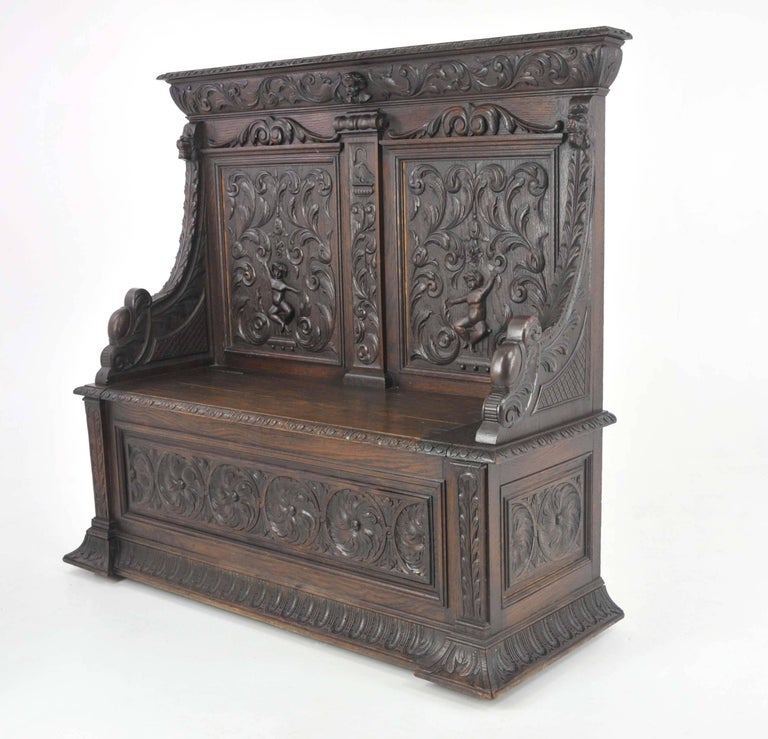 Antique Hall Bench, Carved Oak Settle, Lift Up Seat, a Gardner of
