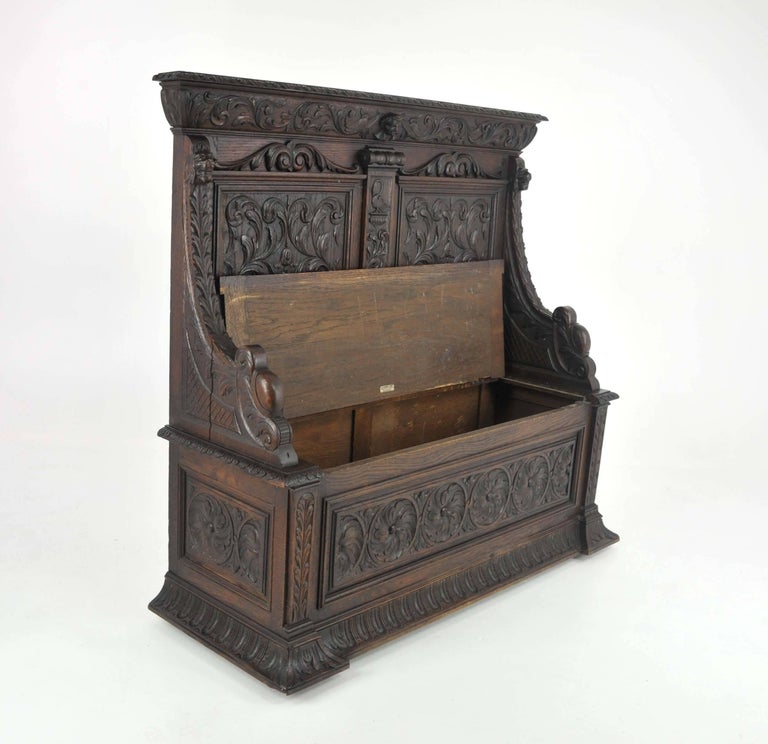 Antique Hall Bench, Carved Oak Settle, Lift Up Seat, a Gardner of