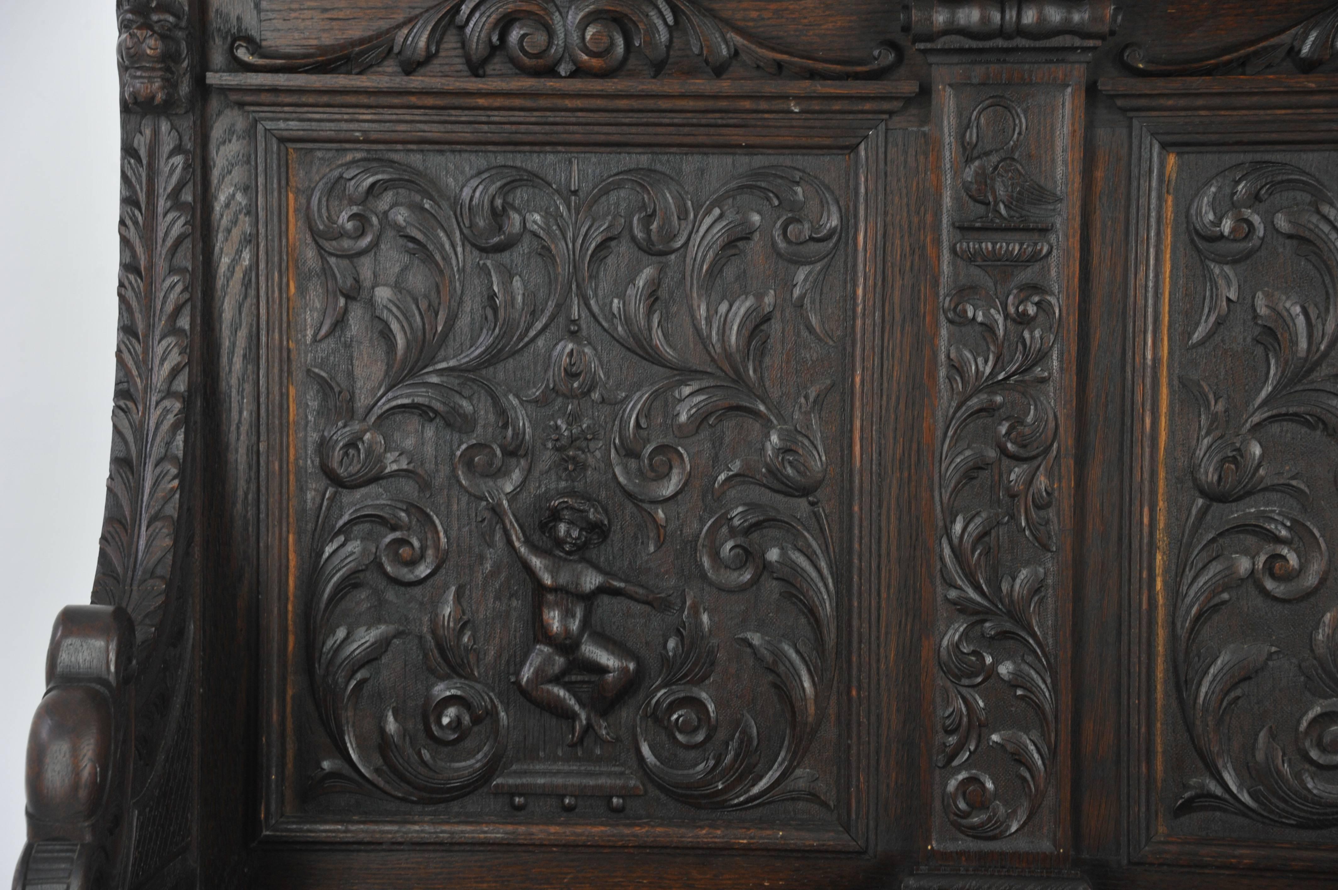 Hand-Carved Antique Hall Bench, Carved Oak Settle, Lift Up Seat, a Gardner of Glasgow