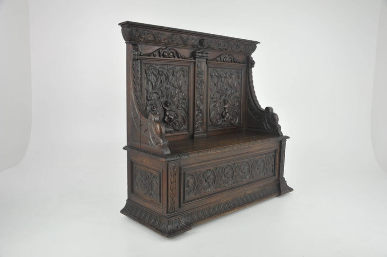 Antique Hall Bench, Carved Oak Settle, Lift Up Seat, a Gardner of