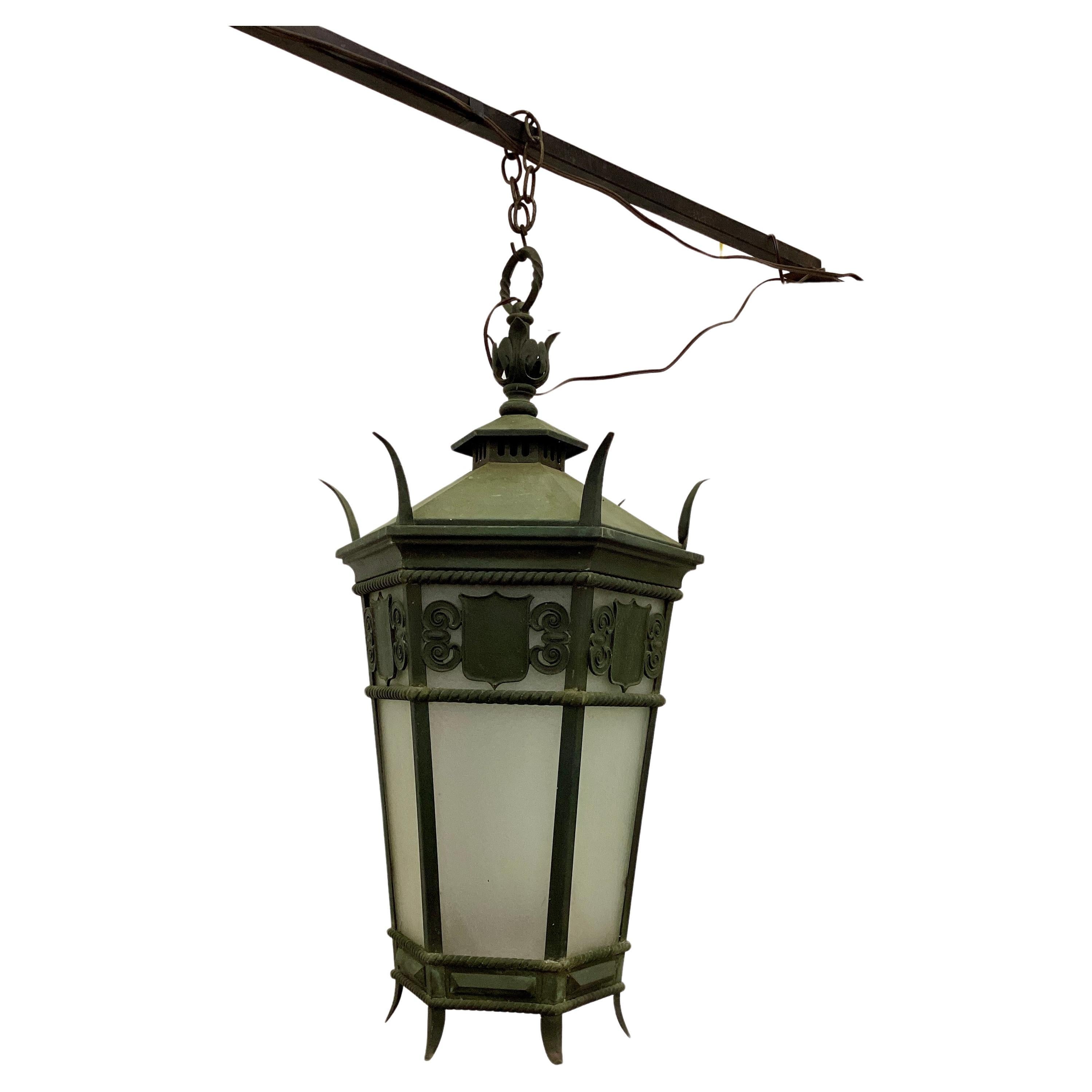 Antique Hall Lantern with Verdi Gris Copper Patina with frosted glass panels. Wired and in working condition, this lantern can also be used outdoors.
