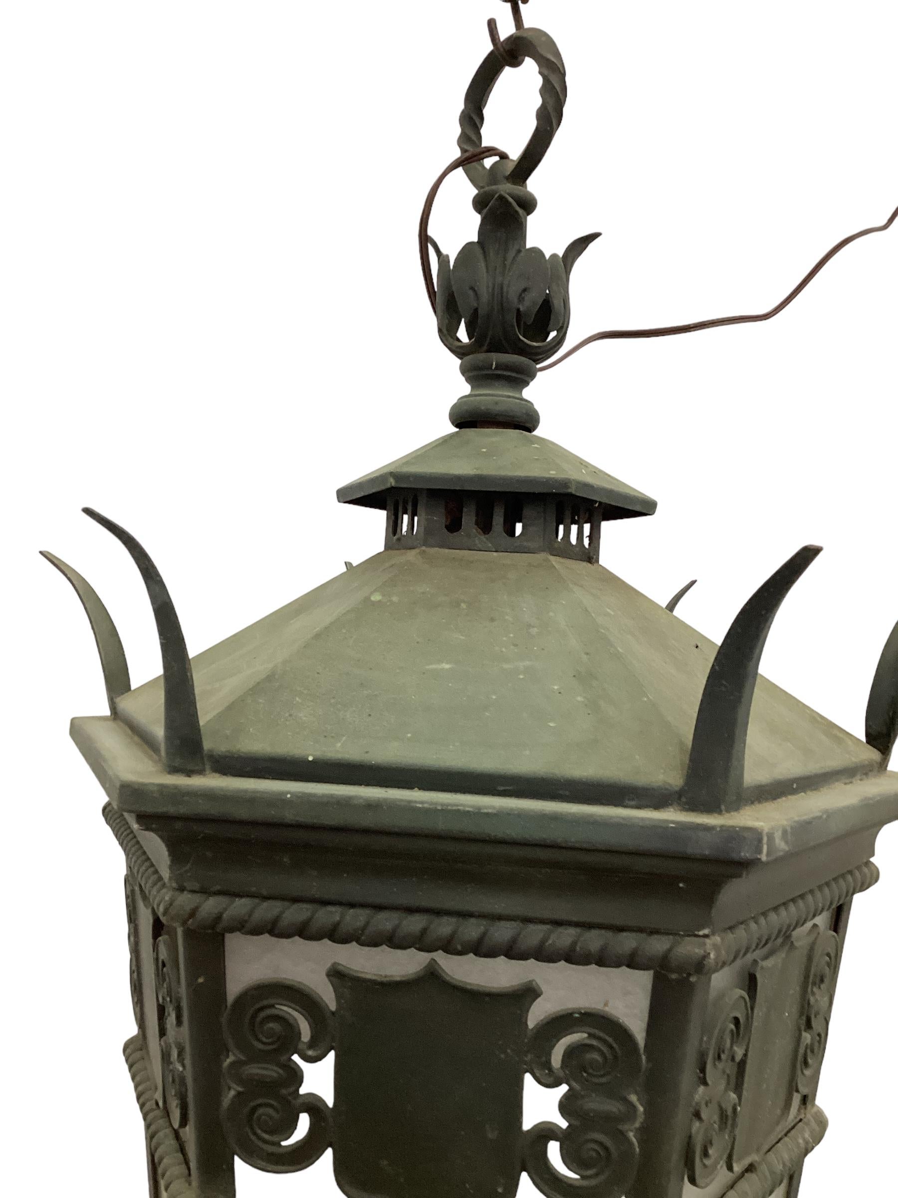 American Antique Hall Lantern with Verdi Gris Copper Patina  For Sale