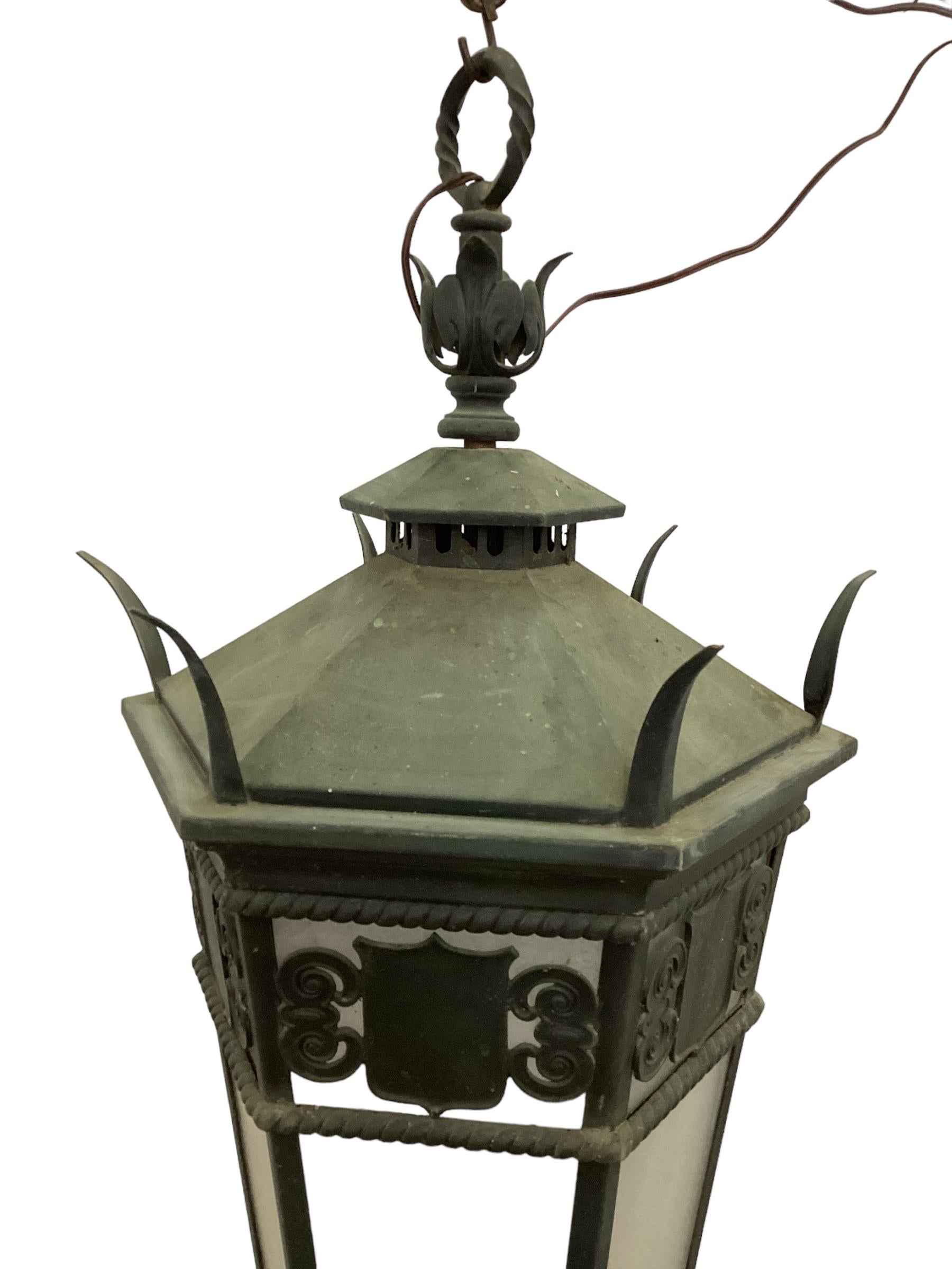Antique Hall Lantern with Verdi Gris Copper Patina  In Good Condition For Sale In Chapel Hill, NC