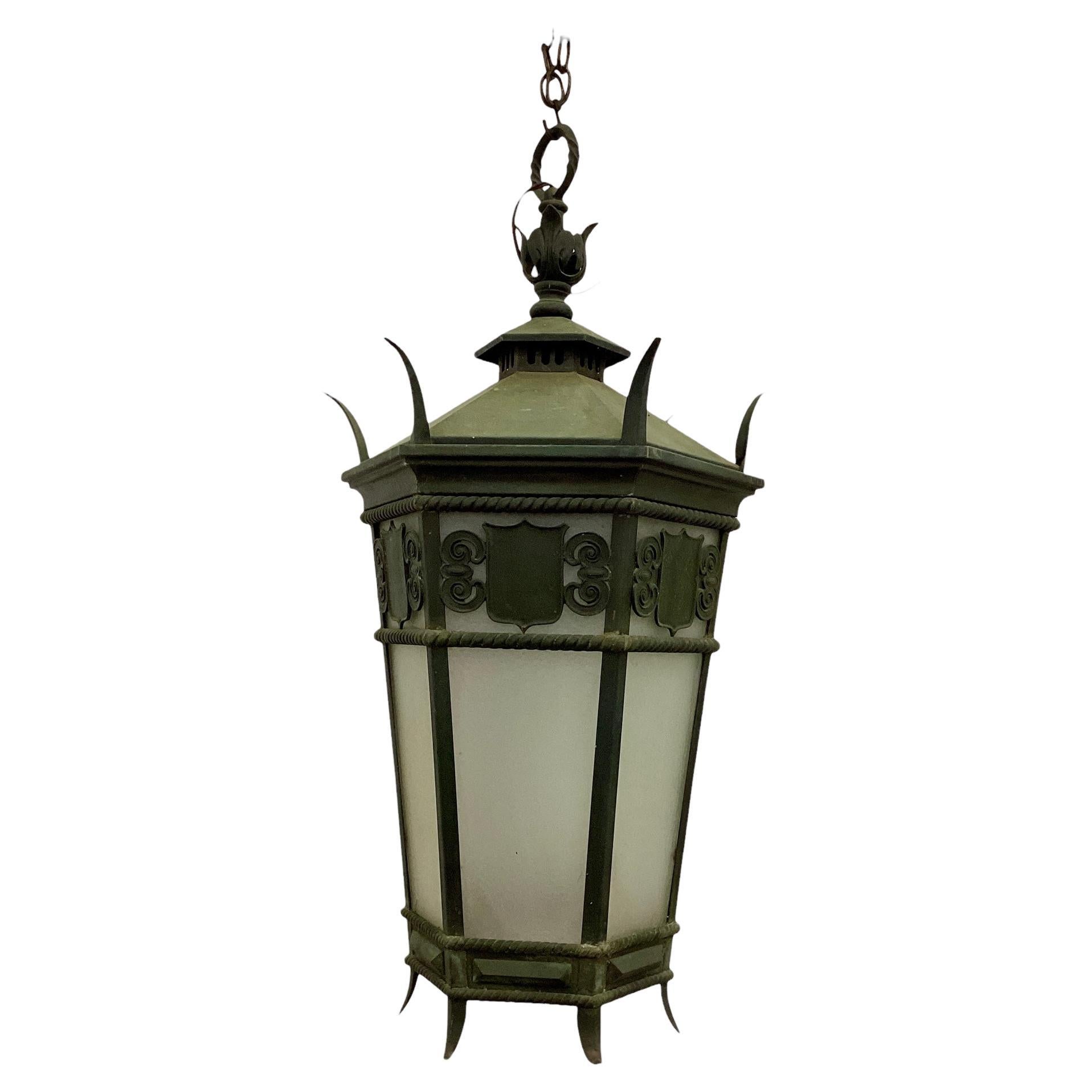 Antique Hall Lantern with Verdi Gris Copper Patina  For Sale