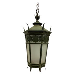 Antique Hall Lantern with Verdi Gris Copper Patina 