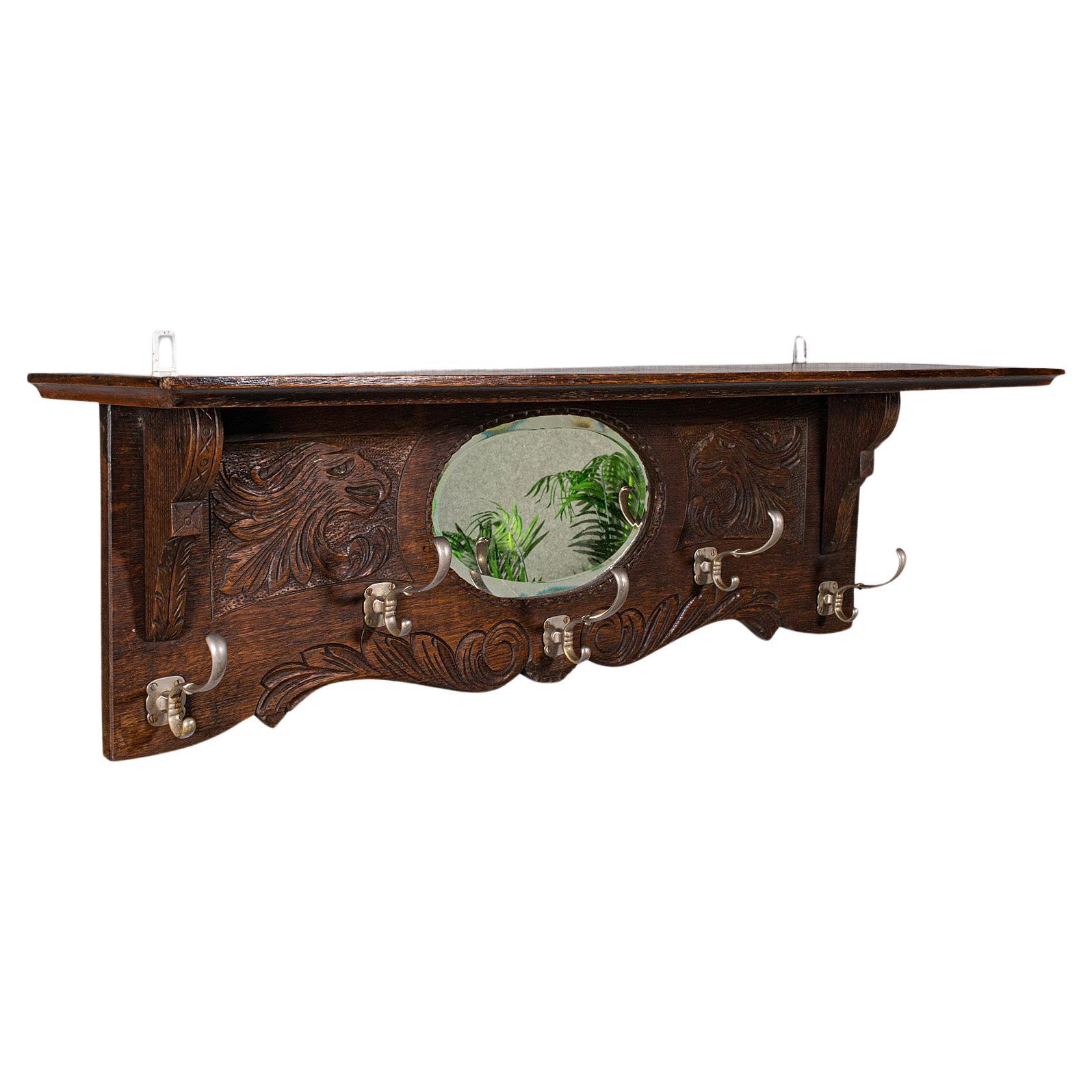 Antique Hall Rack with Valet Mirror, English, Oak, Mounted Coat Hooks, Victorian For Sale