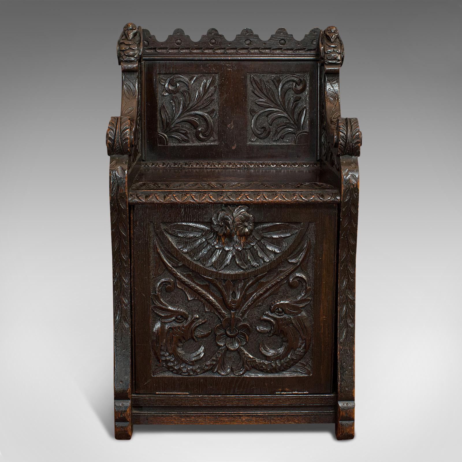 Antique Hall Seat, Scottish, Oak, Settle, Gothic Revival, Victorian, 1880 In Good Condition In Hele, Devon, GB