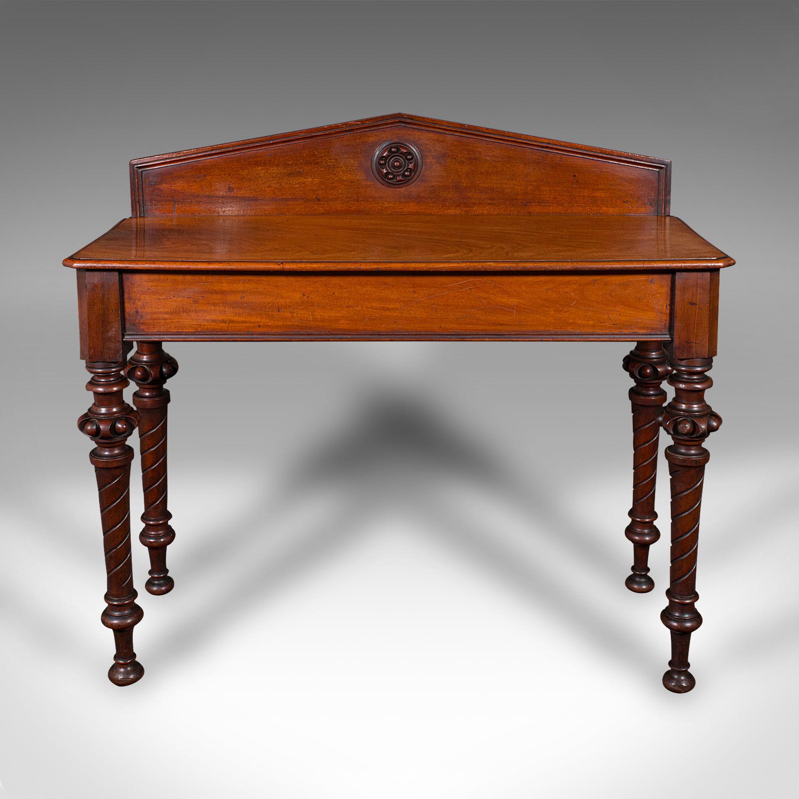 
This is an antique hall table. A Scottish, mahogany console, side table or buffet server, dating to the William IV period, circa 1835.

Superb example of Scottish craftsmanship, with a tasteful appearance
Displays a desirable aged patina and in