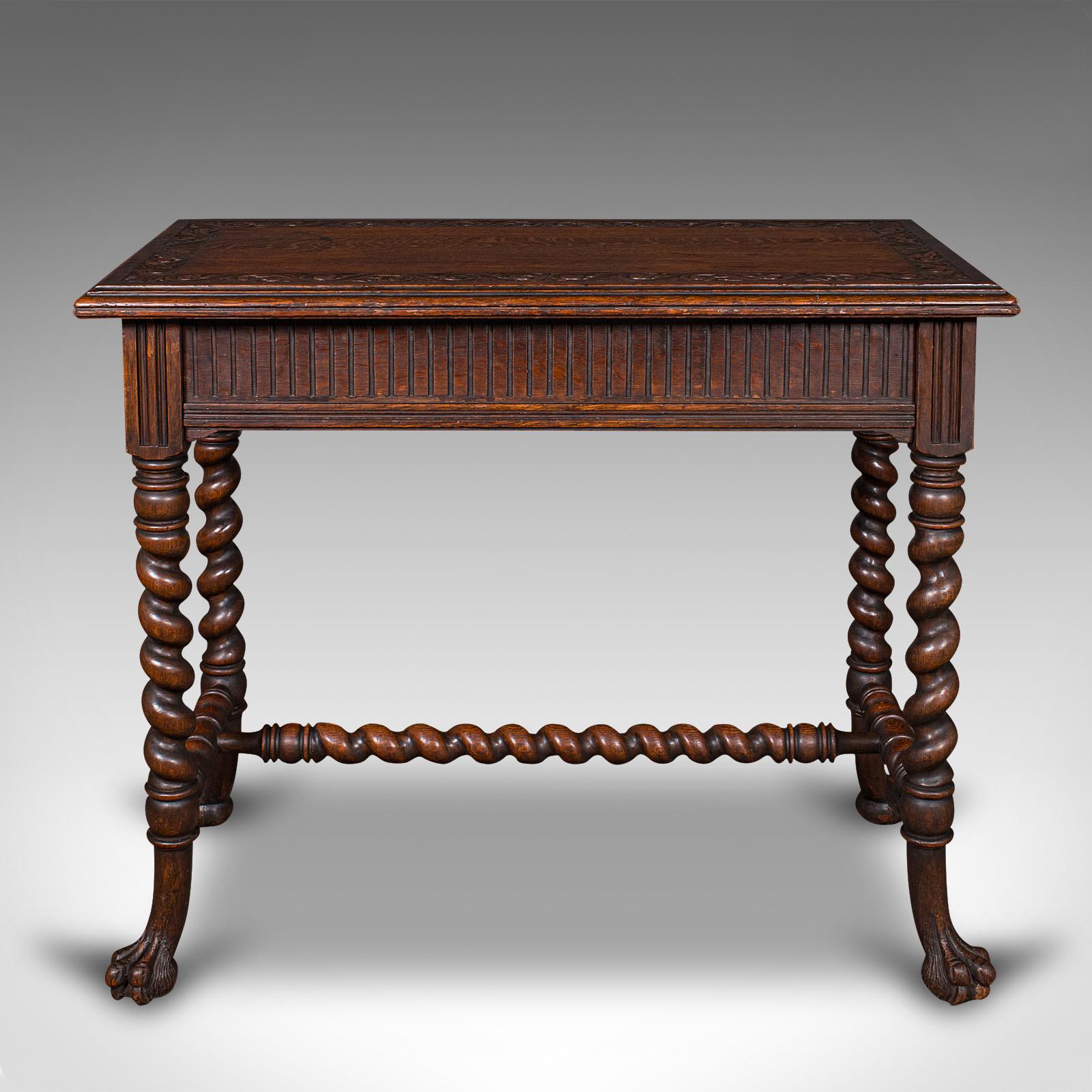 
This is an antique hall table. A Scottish, oak side table with Gothic revival taste, dating to the late Victorian period, circa 1880.

Attractive example of fine 19th century Scottish furniture
Displays a desirable aged patina and in good