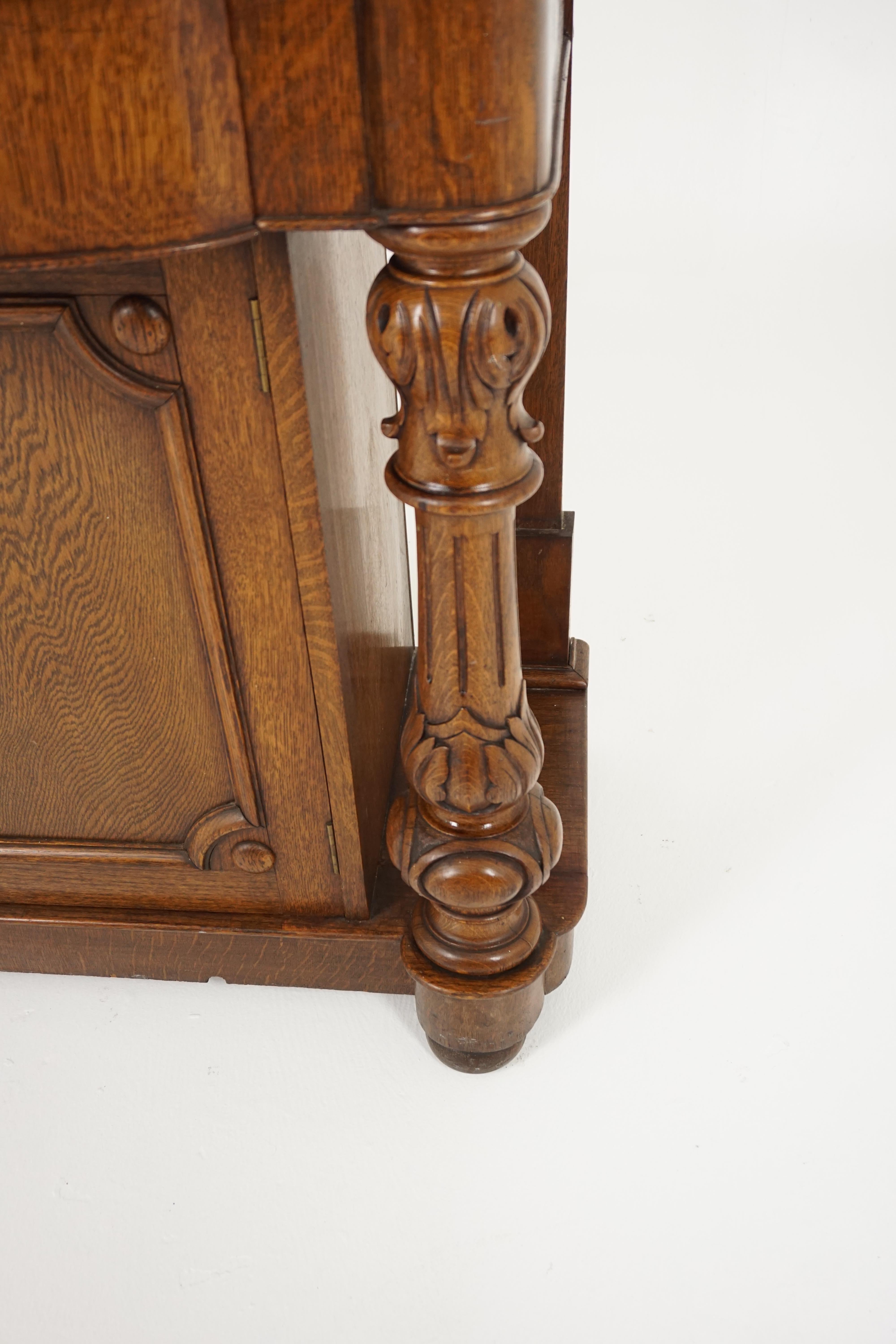 Scottish Antique Hall Table, Victorian Carved Tiger Oak End Table, Scotland, 1920