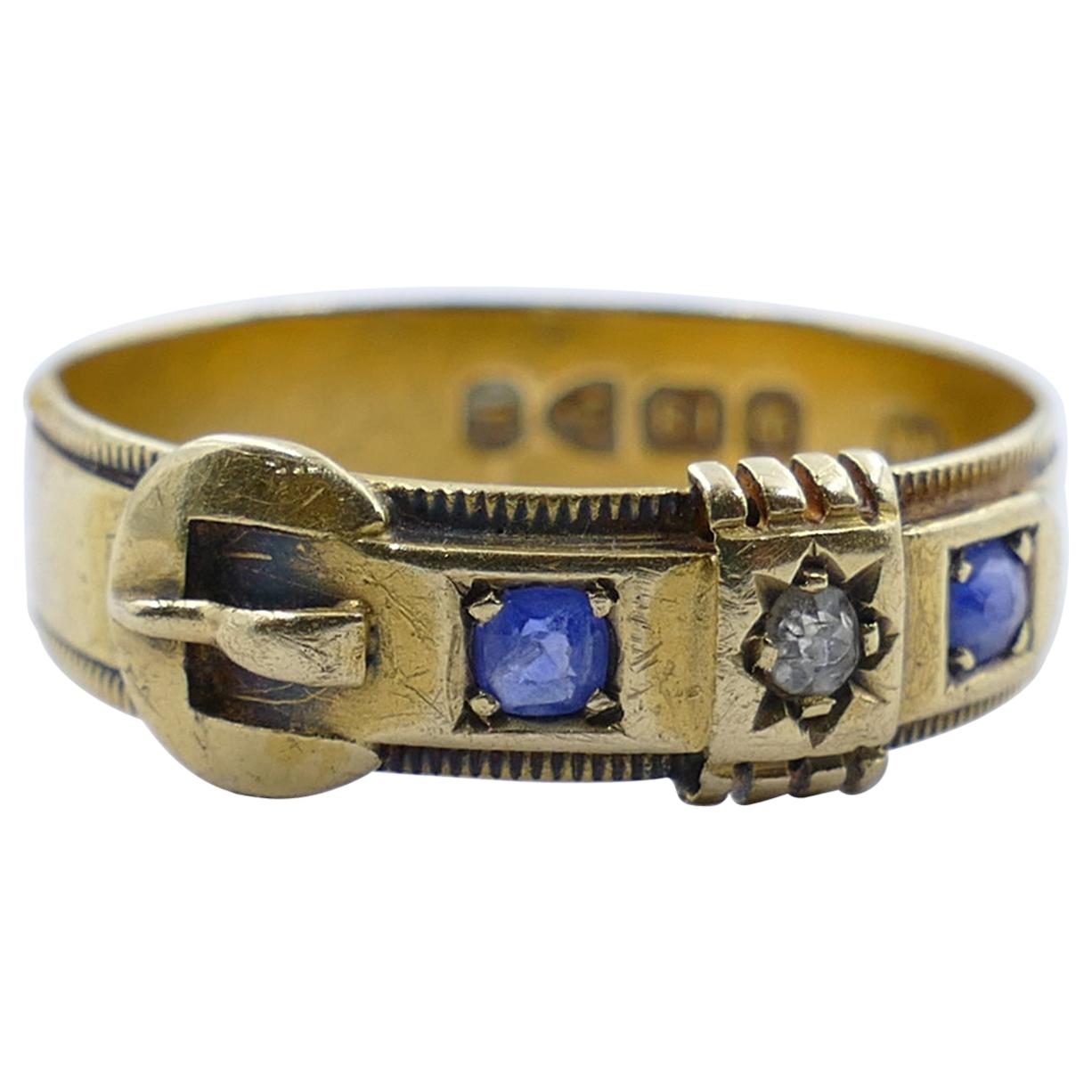 Antique Hallmarked 18 Carat Yellow Gold Blue Sapphire and Diamond Buckle Ring For Sale