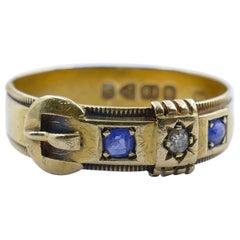 Antique Hallmarked 18 Carat Yellow Gold Blue Sapphire and Diamond Buckle Ring