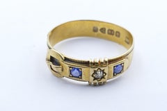Antique Hallmarked 18 Carat Yellow Gold Blue Sapphire and Diamond Buckle Ring