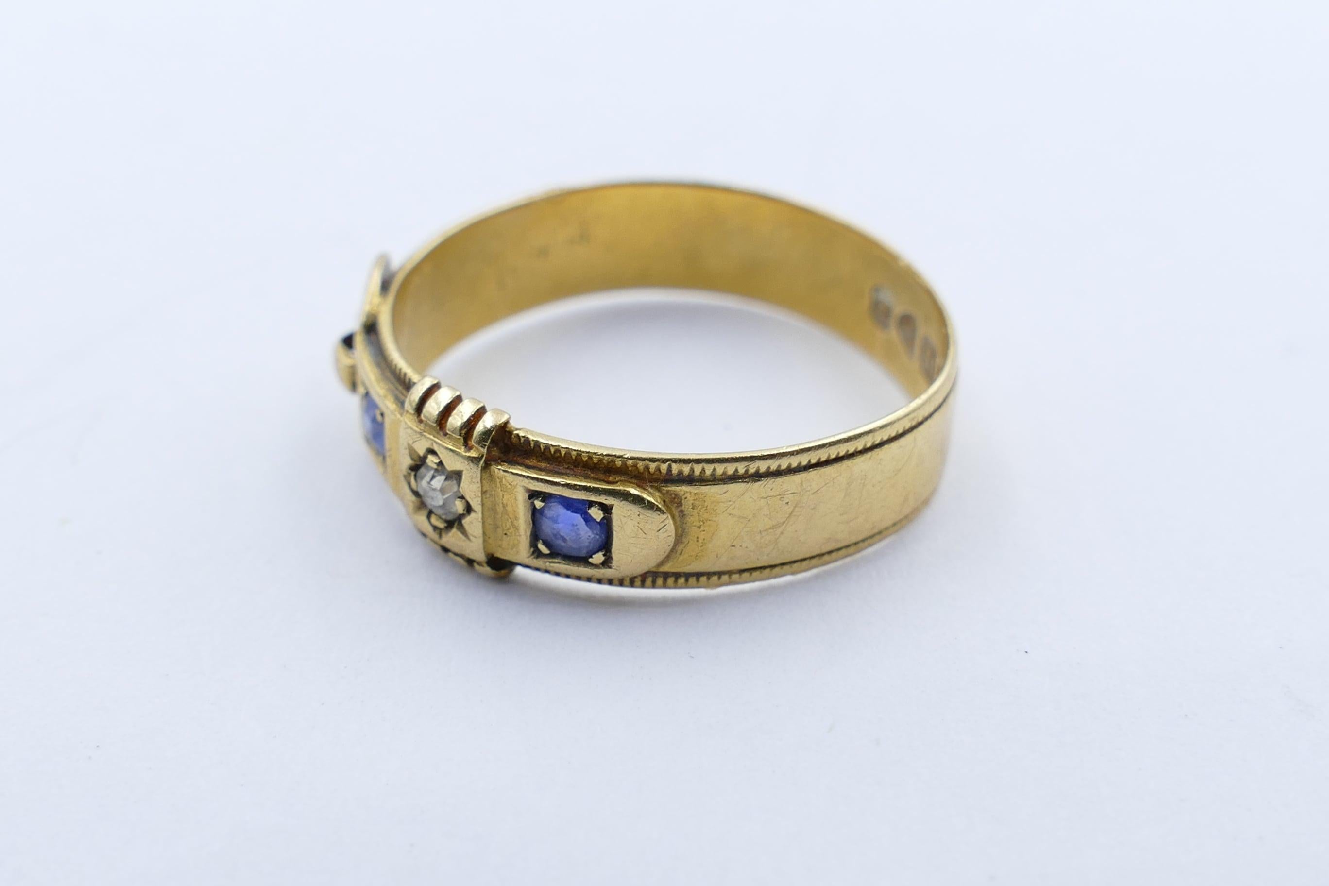Victorian Antique Hallmarked 18 Carat Yellow Gold Blue Sapphire and Diamond Buckle Ring For Sale