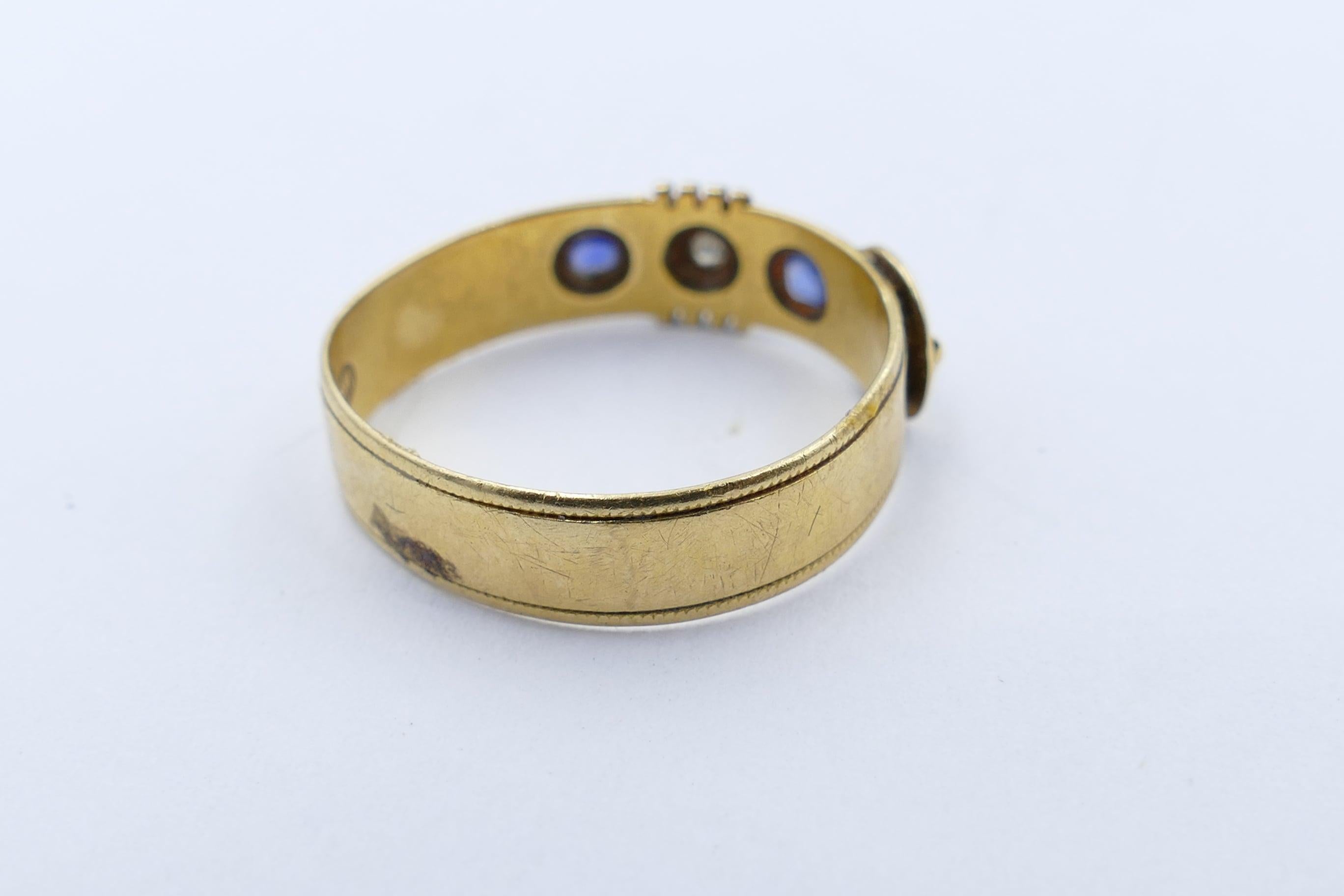 Mixed Cut Antique Hallmarked 18 Carat Yellow Gold Blue Sapphire and Diamond Buckle Ring For Sale