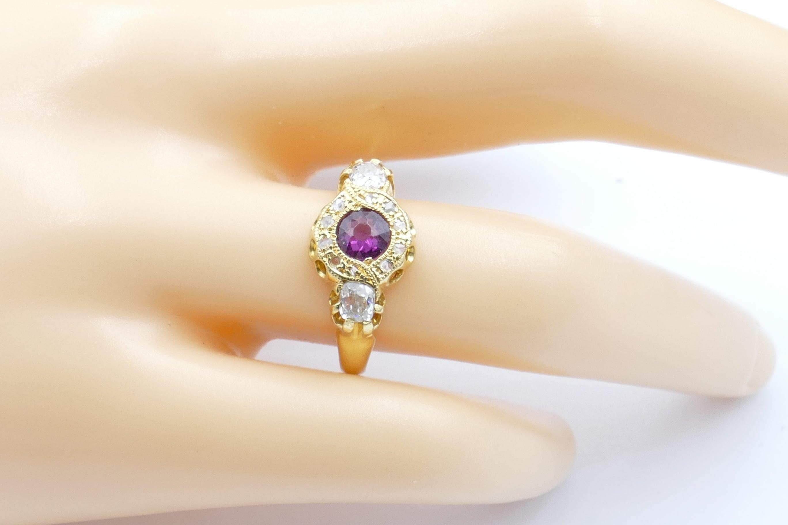 Antique Hallmarked 18 Carat Yellow Gold Garnet and Diamond Dress Ring In Excellent Condition In Splitter's Creek, NSW
